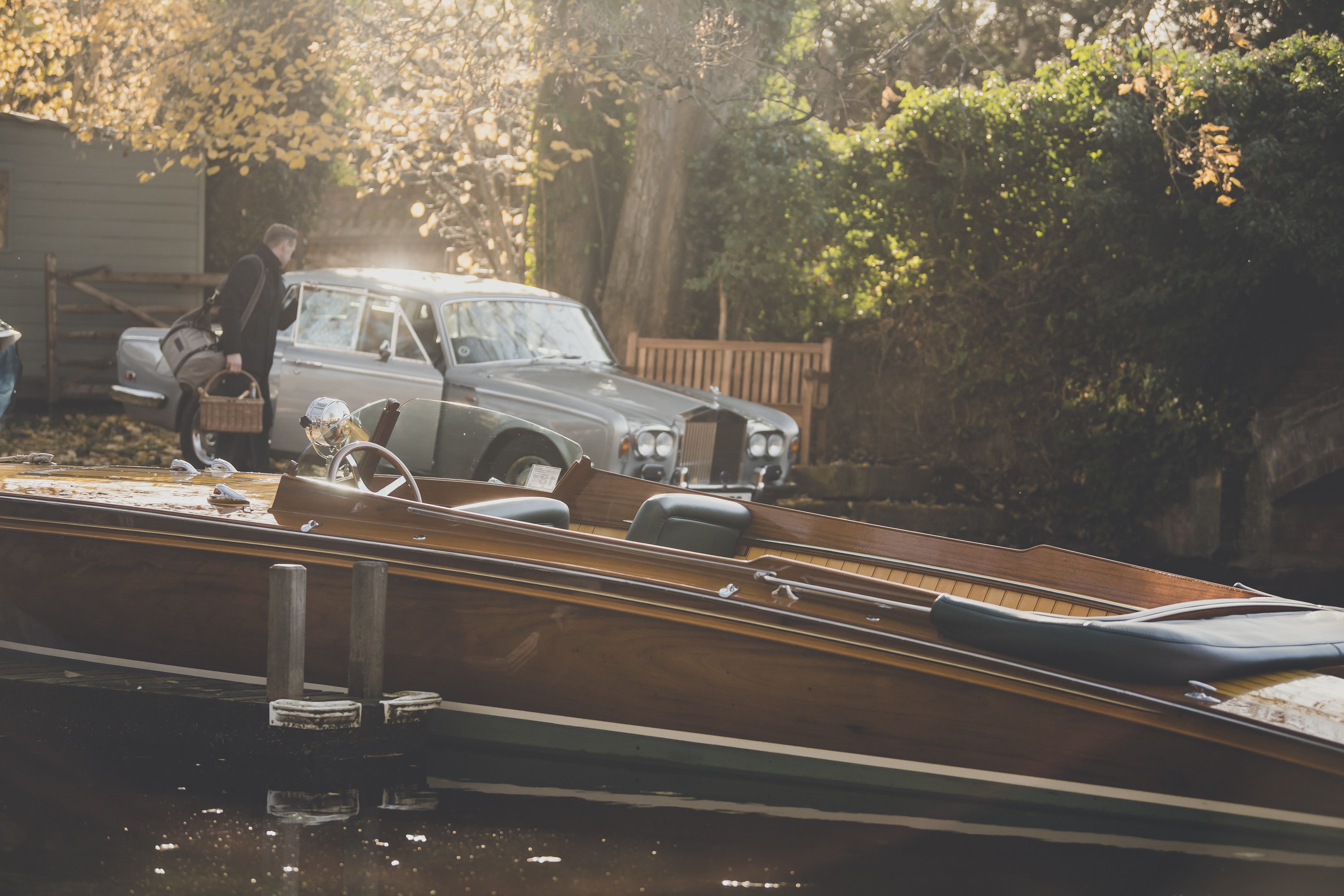 Slipper launch for sale, Freebody Slipstream slipper launch moored up with Rolls Royce car in background