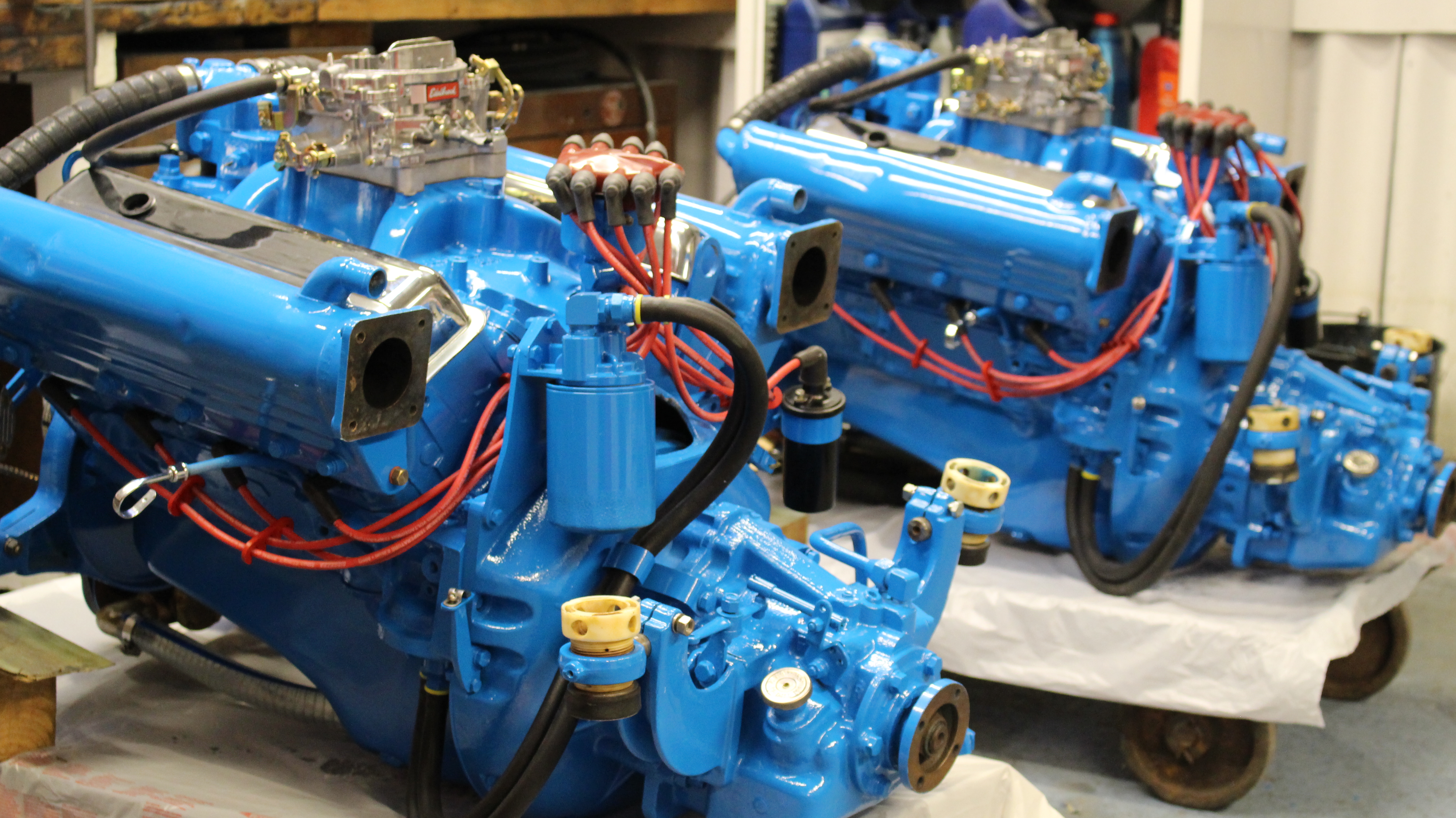 a pair of Riva V8 engines in Freebody engineering workshop