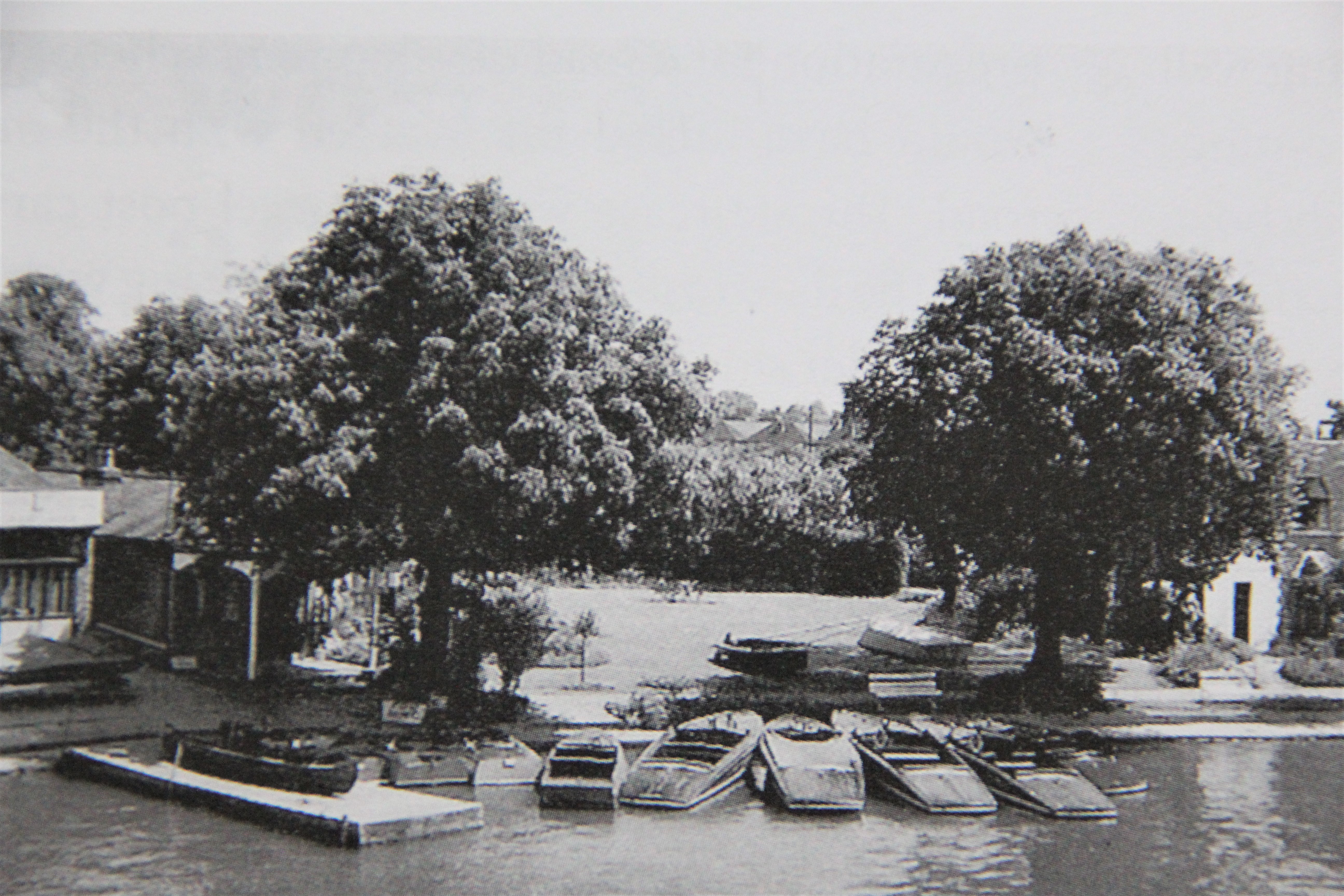 Traditional wooden boats, black & white photo showing slipper launches moored up at Freebody boatyard Caversham