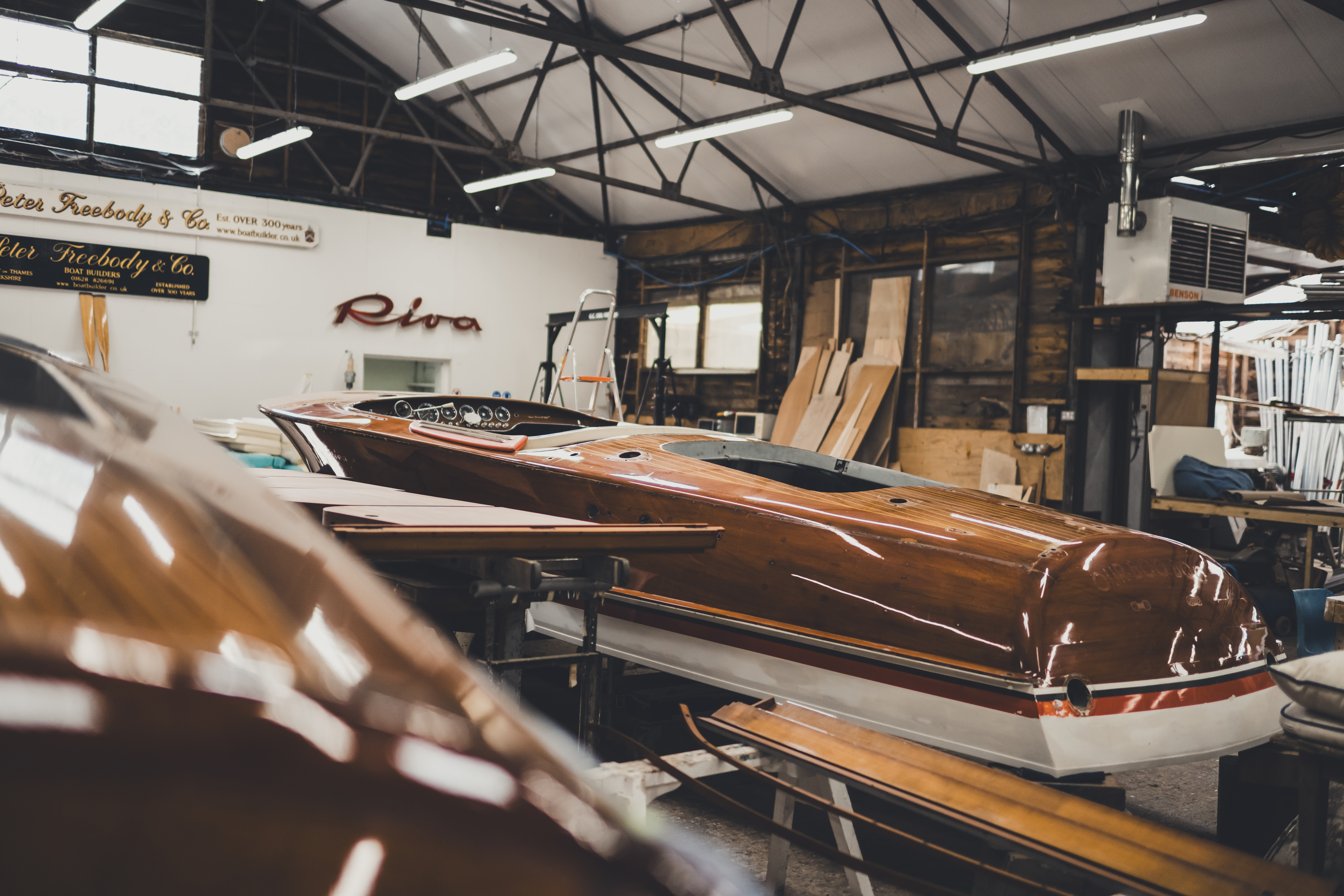 Riva boats for sale, Riva Ariston in for restoration in the workshop at Peter Freebody & Co
