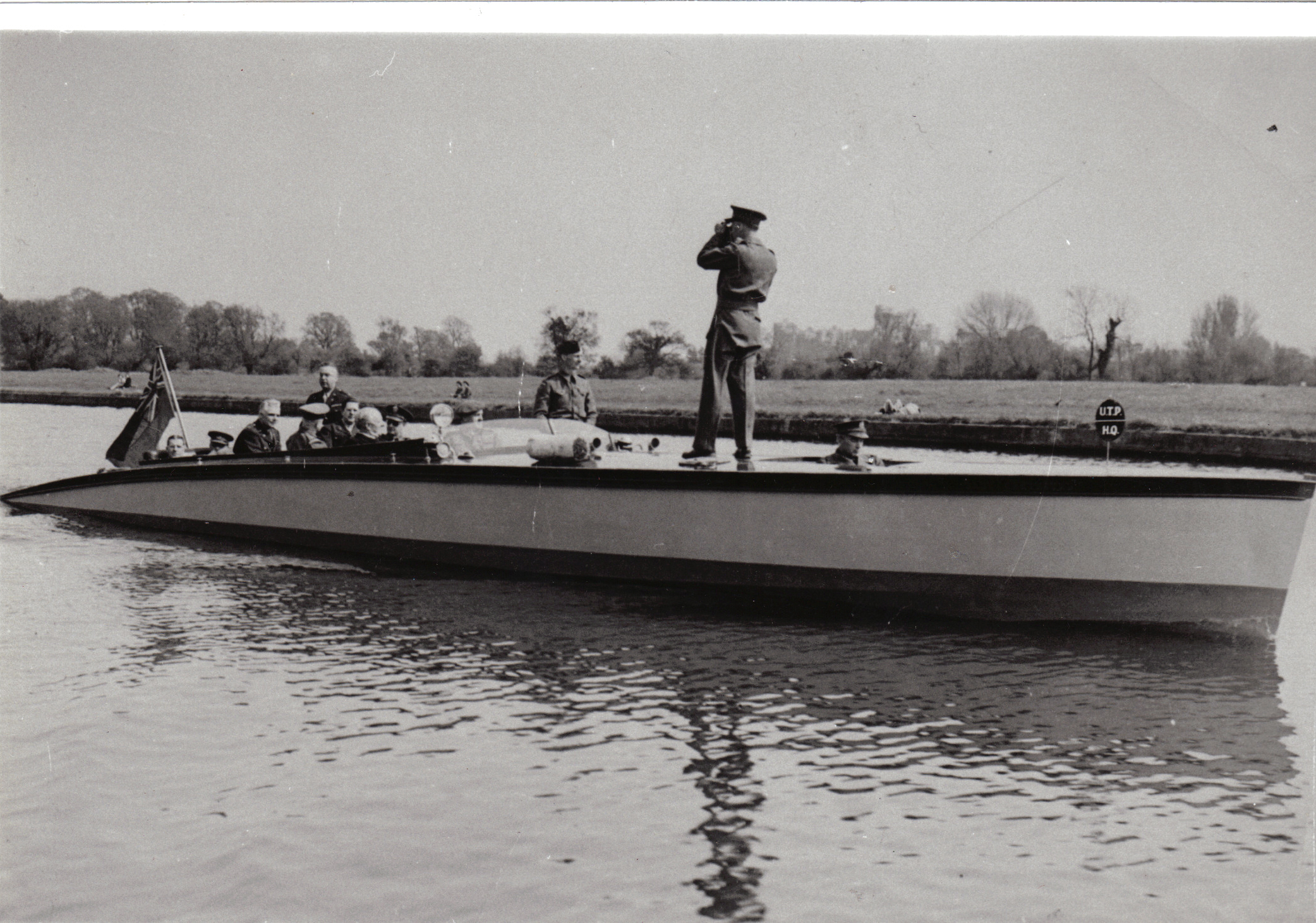 Slipper launch for sale, black & white historic photo showing use as Home Guard patrol launch