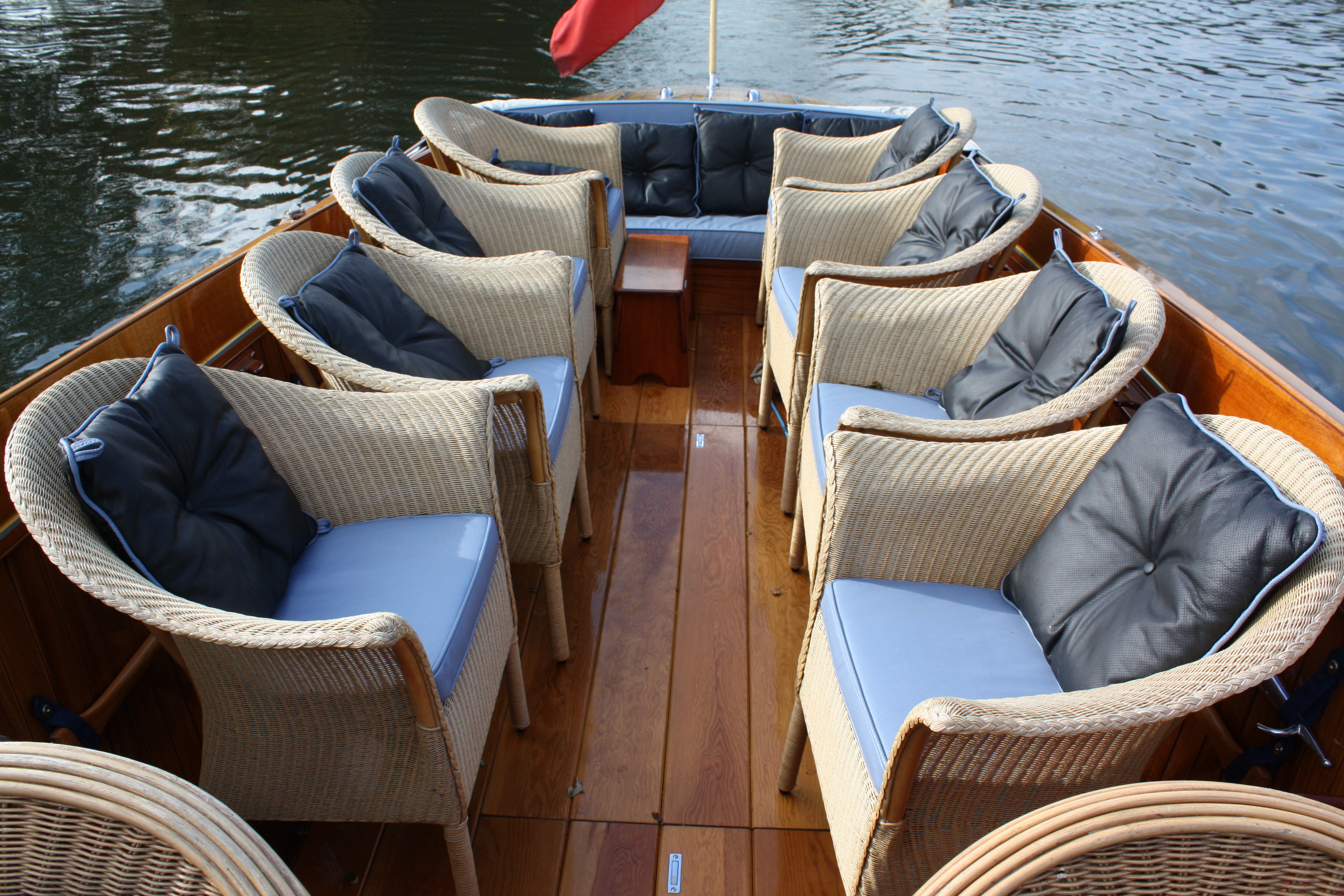 Slipper launch for sale, main cockpit with Lloyd Loom seating