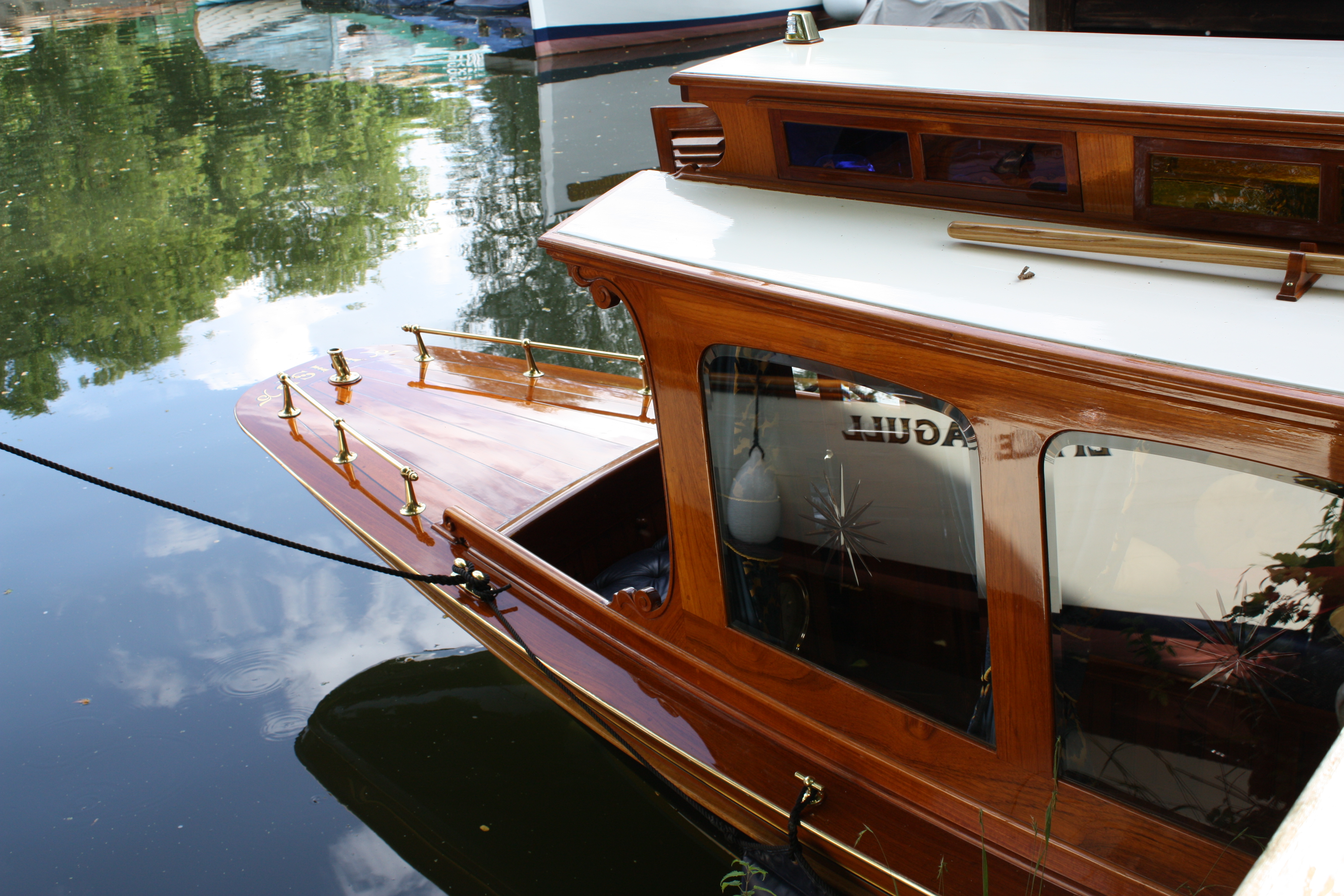 Steam launch for sale, detail of cabin side and stern