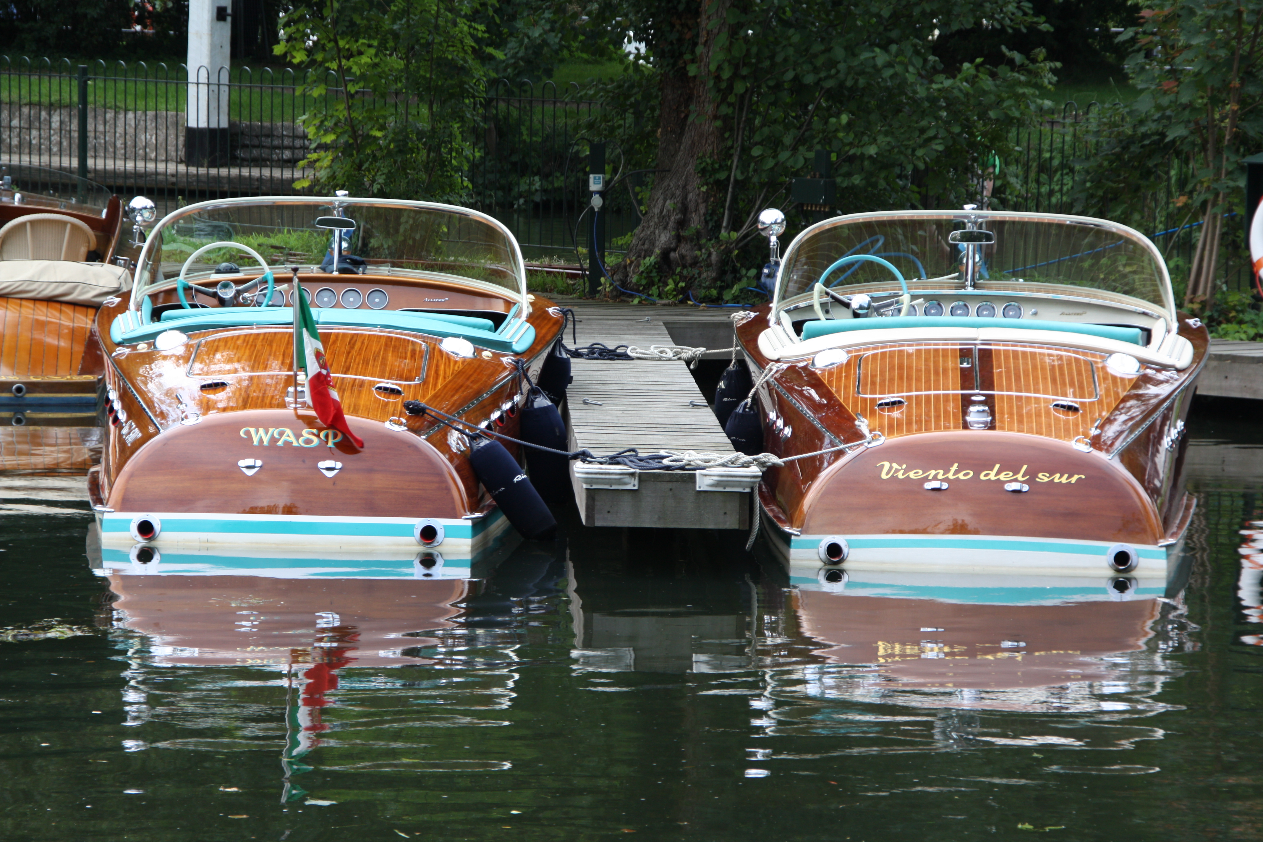 Riva boats for sale, a pair of Riva Aristons afloat on the moorings at Peter Freebody & Co