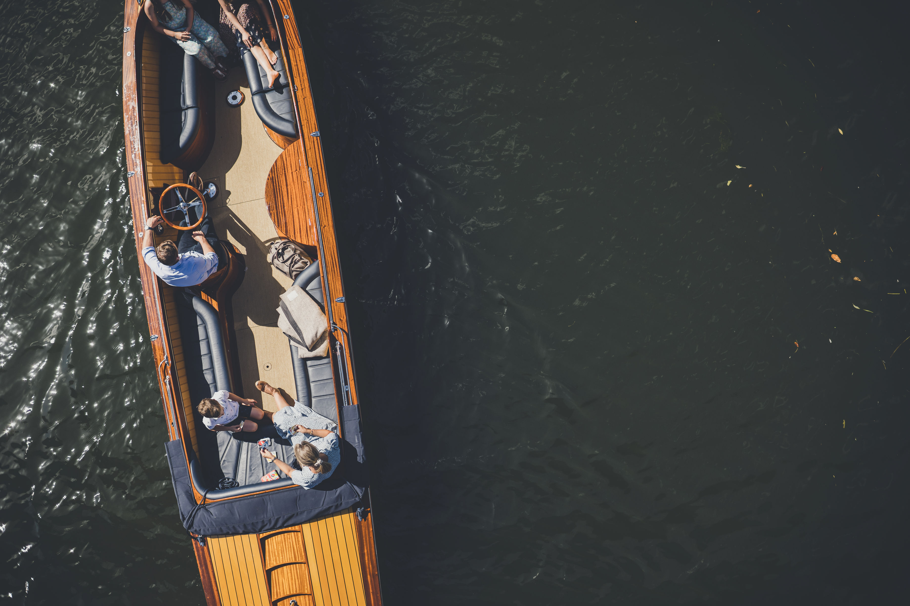 Classic boats for sale, overhead view showing cockpit of Freebody Silhouette slipper launch