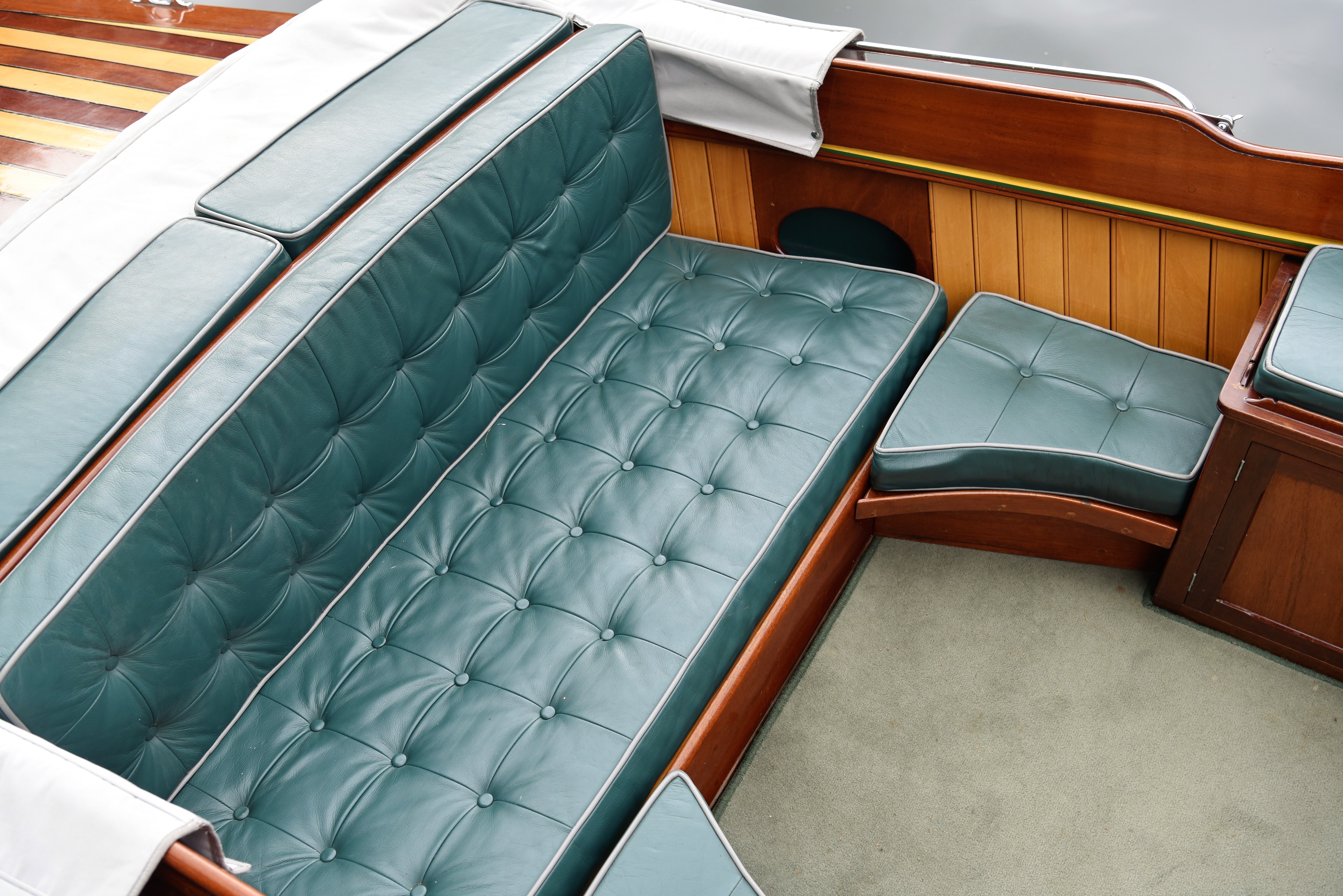Slipper launch for sale, stern seat upholstery detail on 30ft Freebody slipper launch