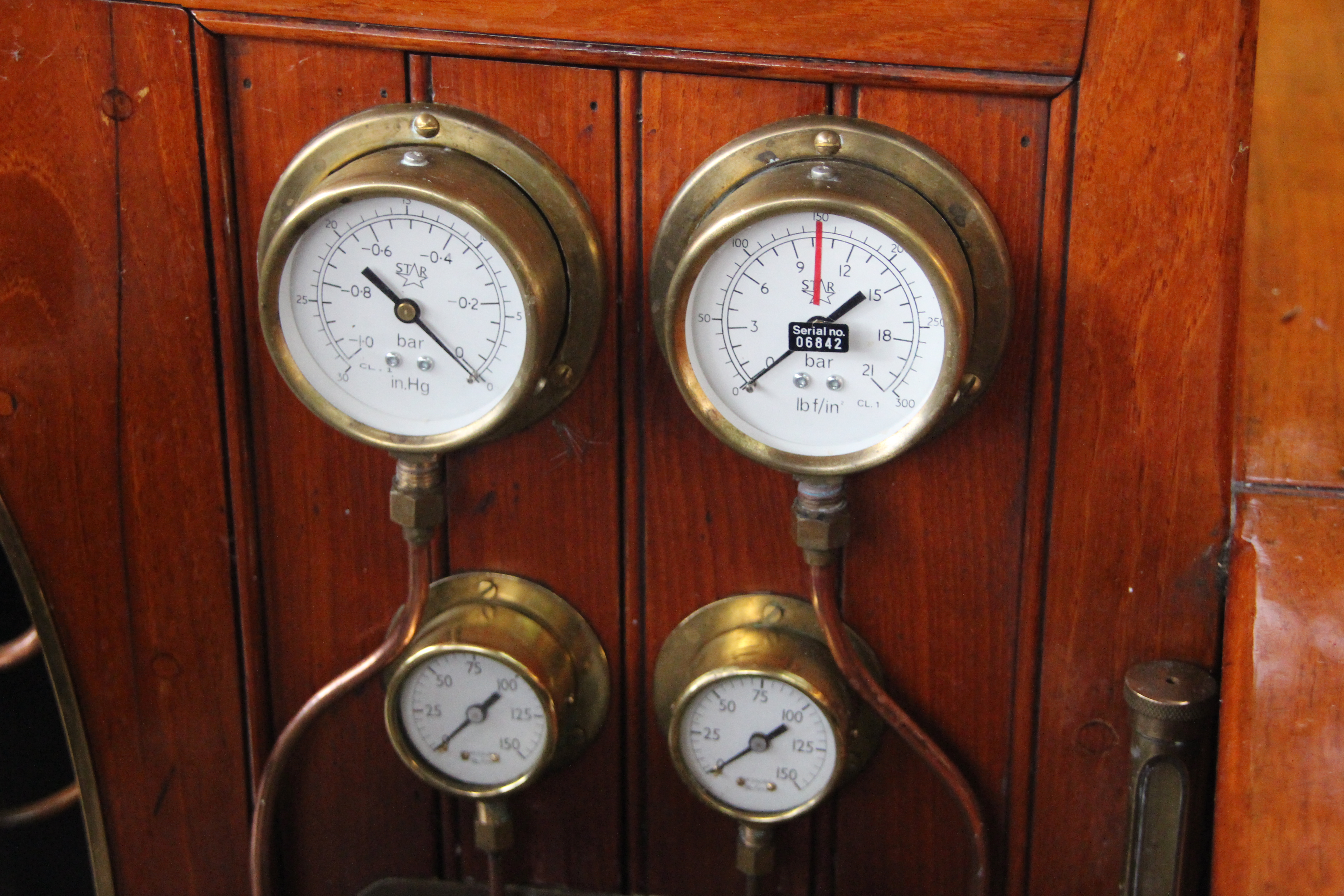 Steam launch for sale, detail of gauges