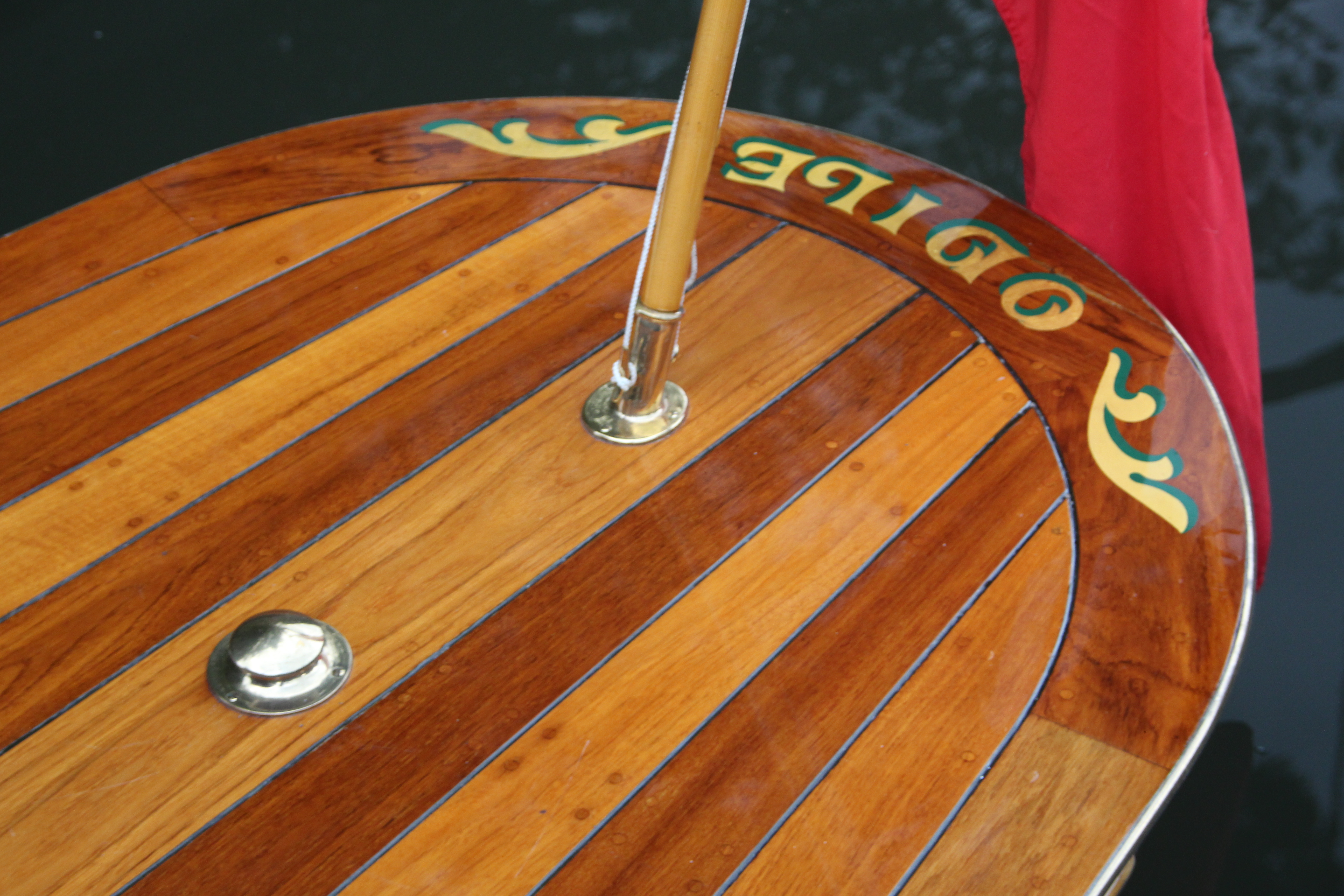 Steam launch for sale, aft deck showing counter stern and name