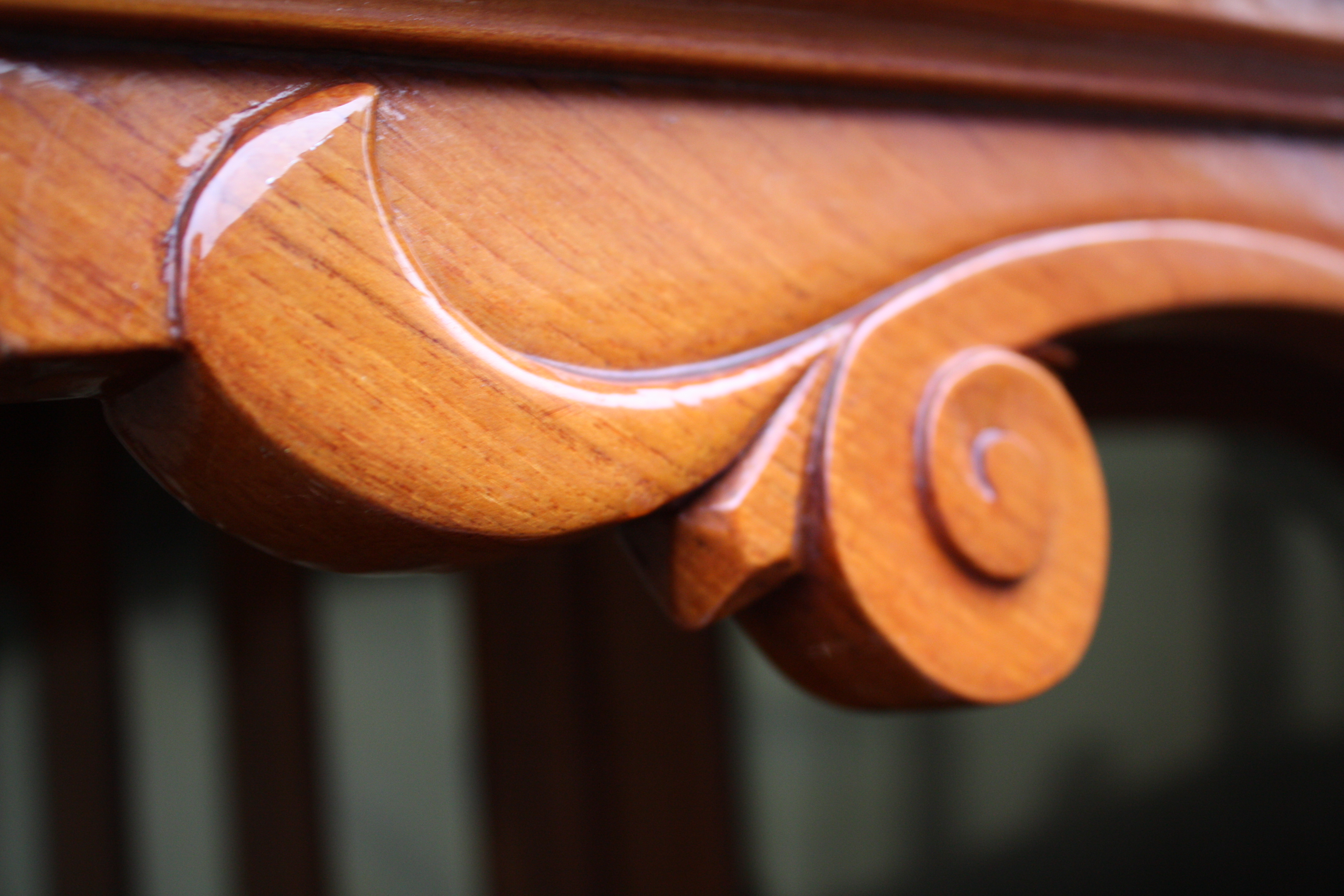 Steam launch for sale, carving detail on wooden canopy edge