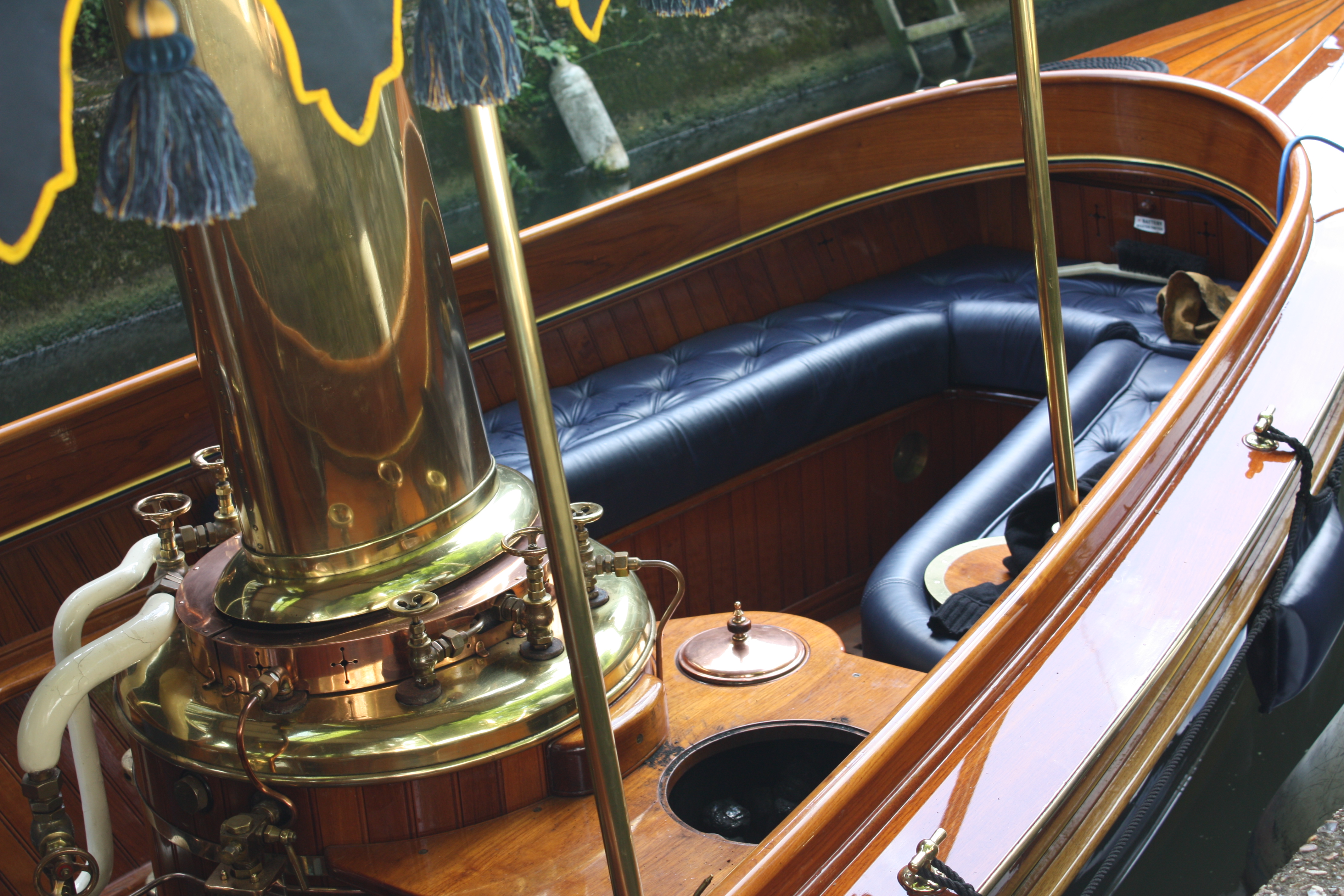 Steam launch for sale, forward cockpit with funnel