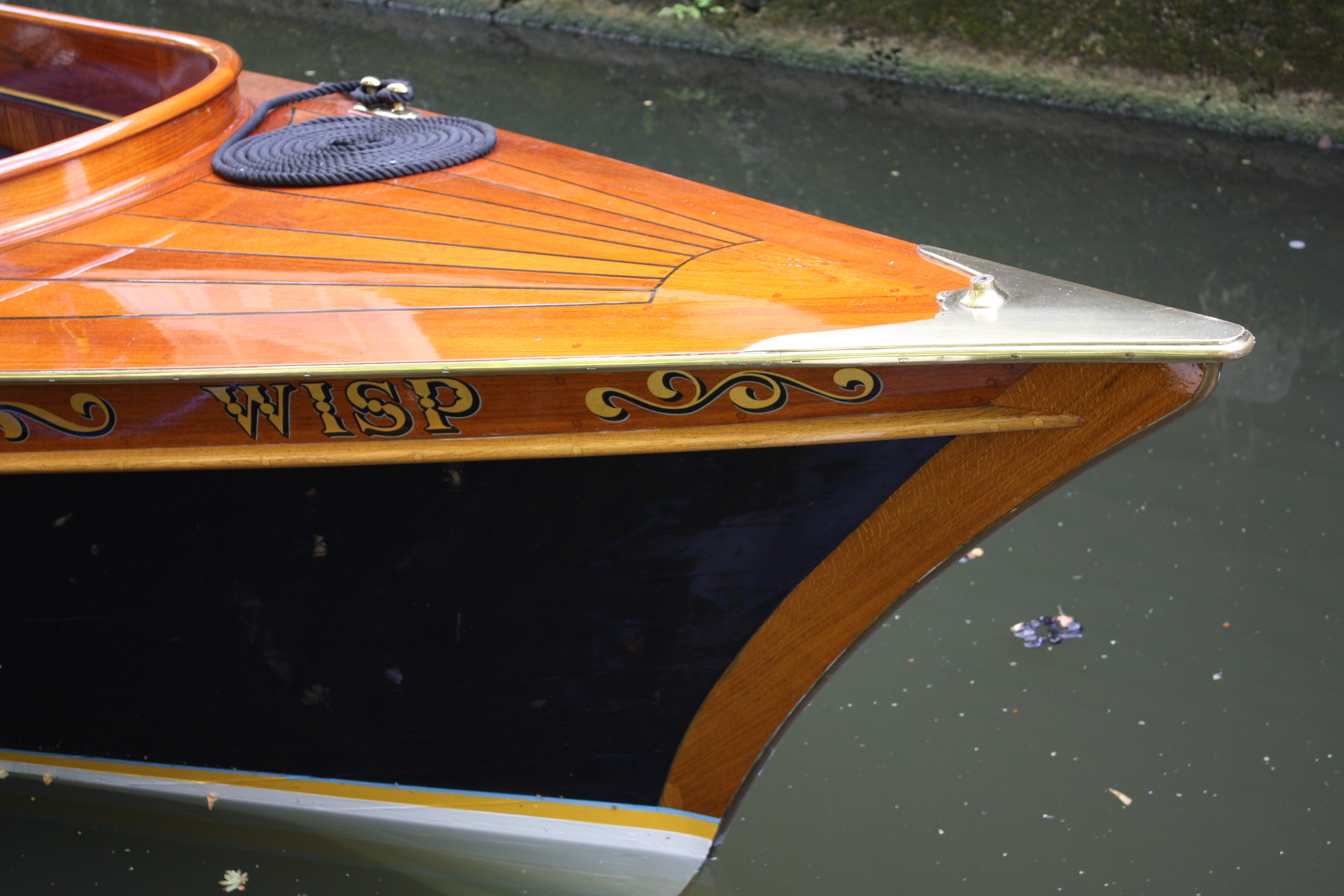 Steam launch for sale, forward deck, bow and name