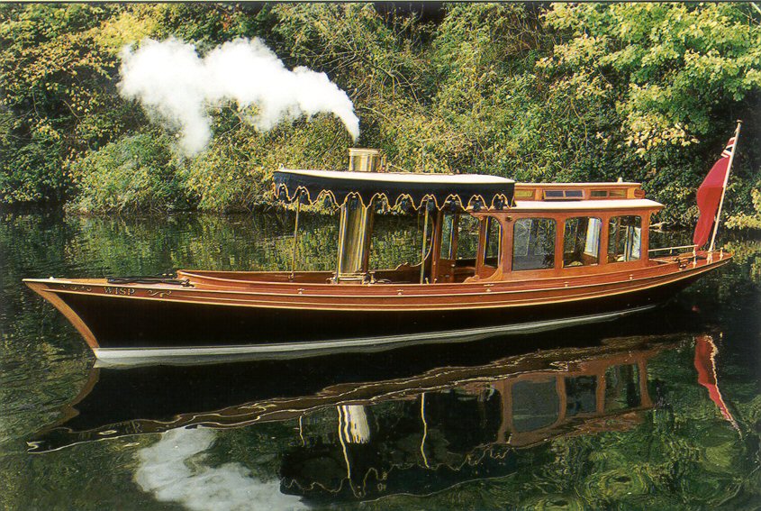 Classic wooden boat for sale, steam launch afloat river Thames