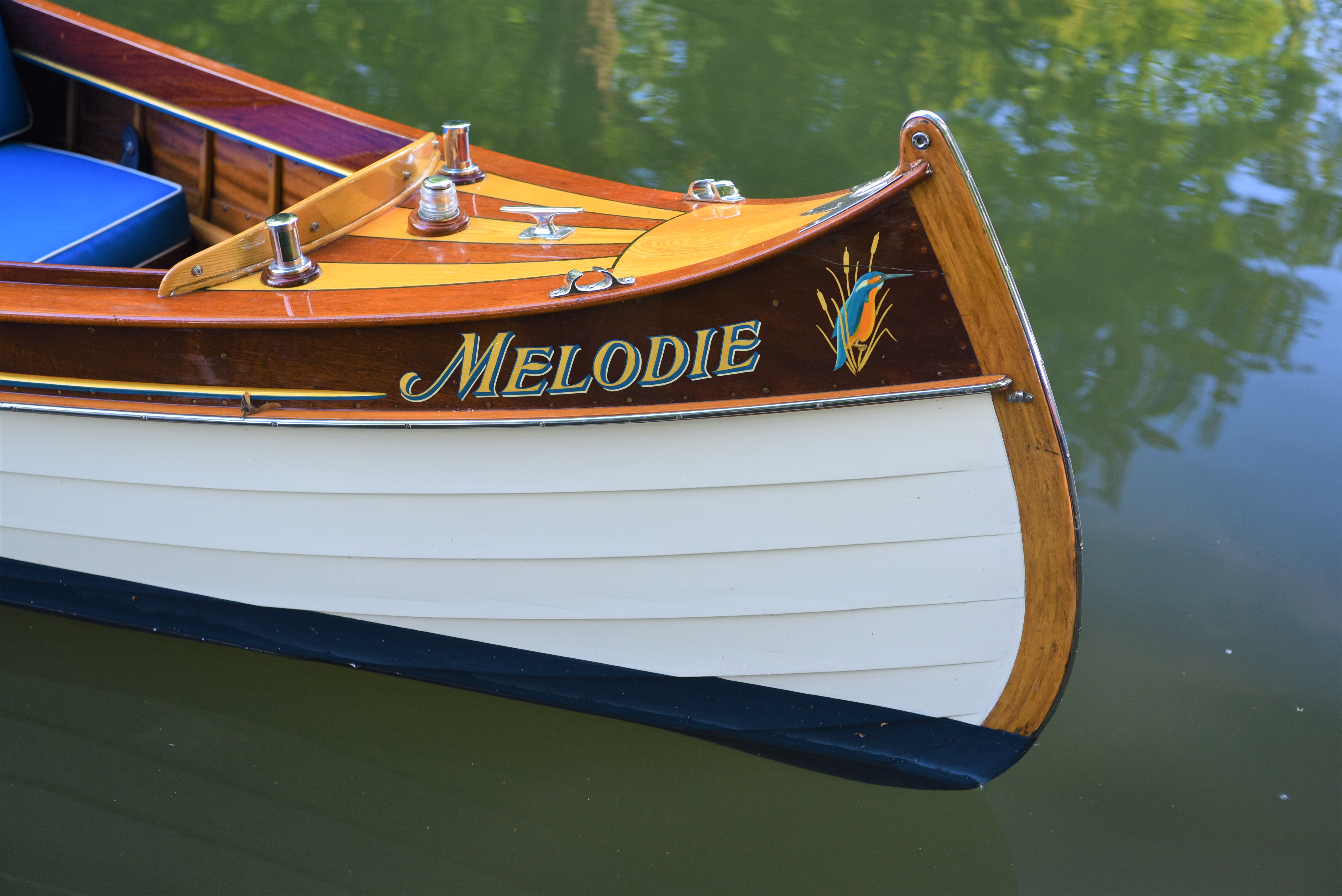 20ft electric launch for sale near Henley-on-Thames, detail showing name and kingfisher artwork on bow of boat