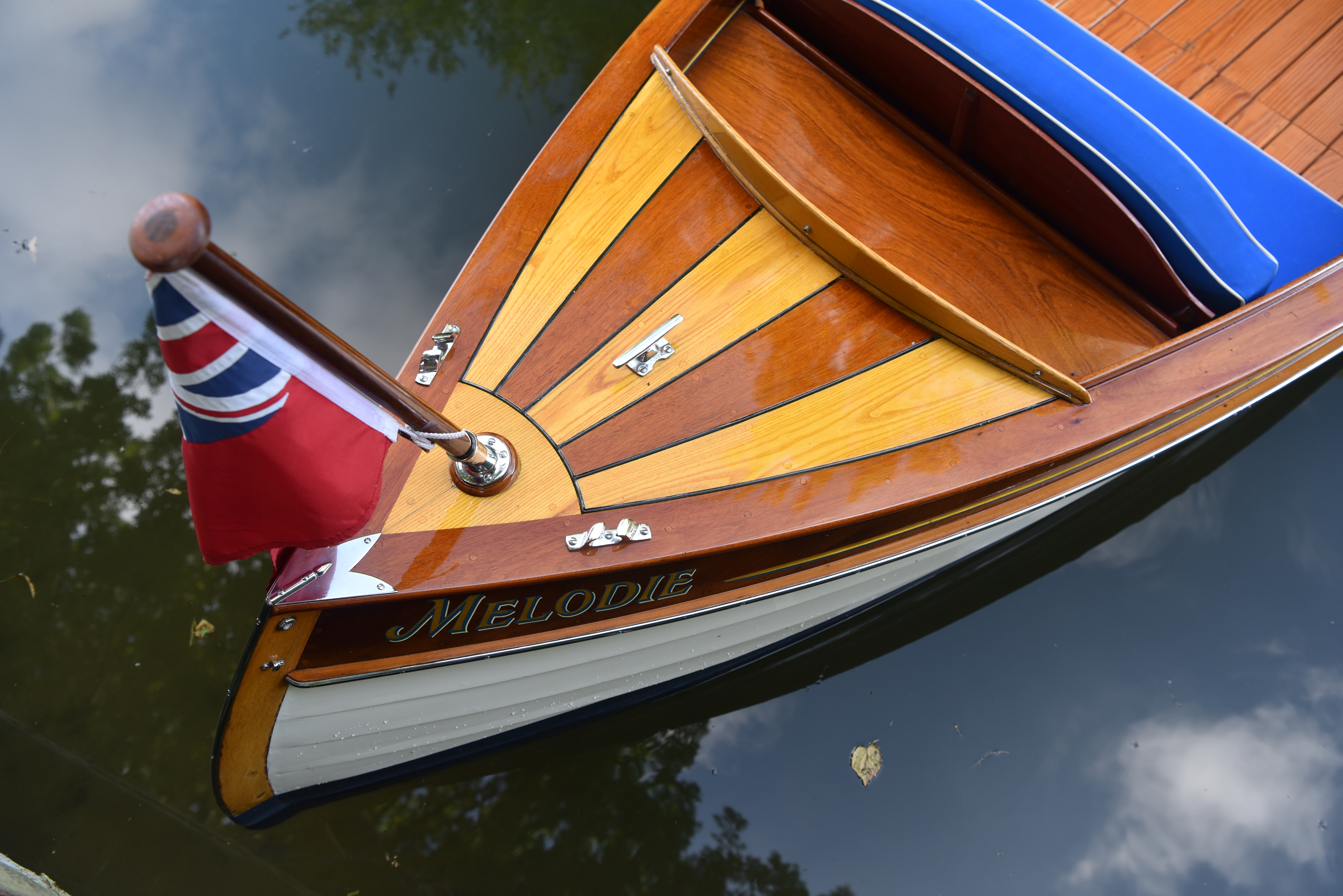 20ft electric launch for sale near Henley-on-Thames, stern deck with ensign flag