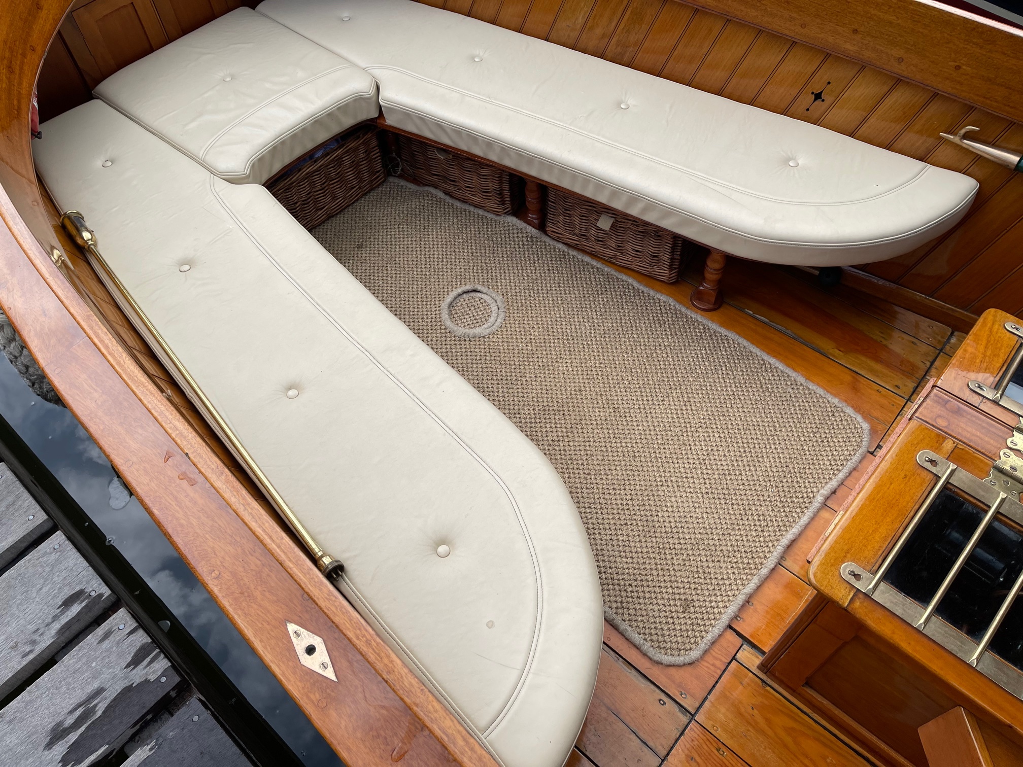 Edwardian beavertail launch for sale, forward seating with oatmeal leather upholstery