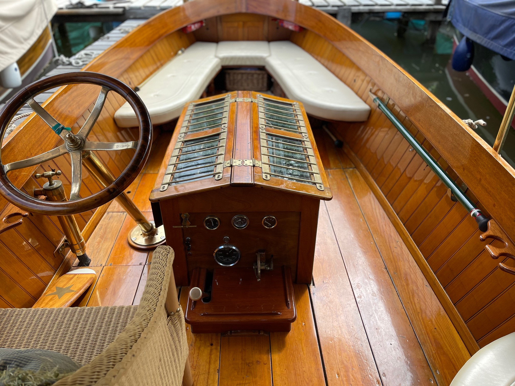 Edwardian beavertail launch for sale, helm detail in cockpit 