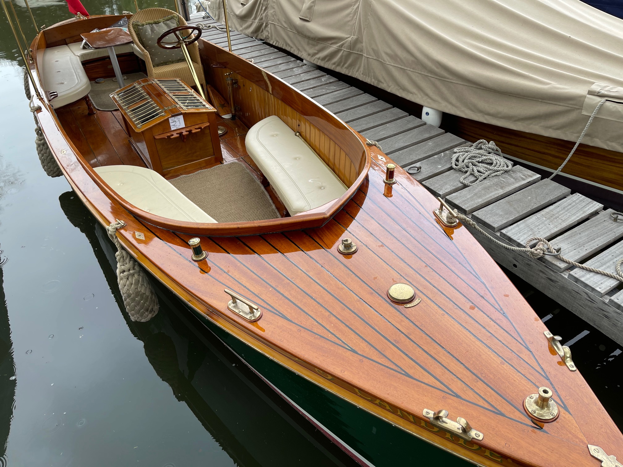 Edwardian beavertail launch for sale, forward deck view looking aft 