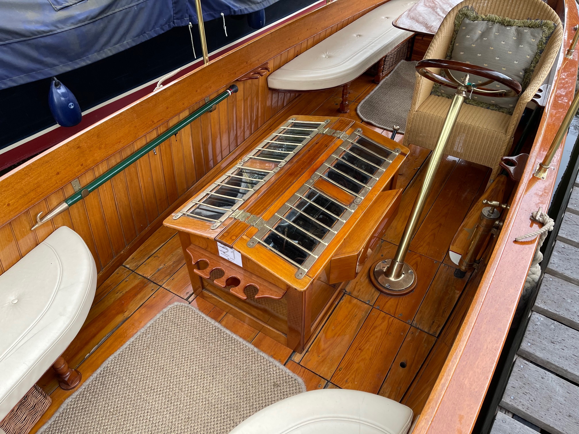 Edwardian beavertail launch for sale, engine case detail in cockpit 