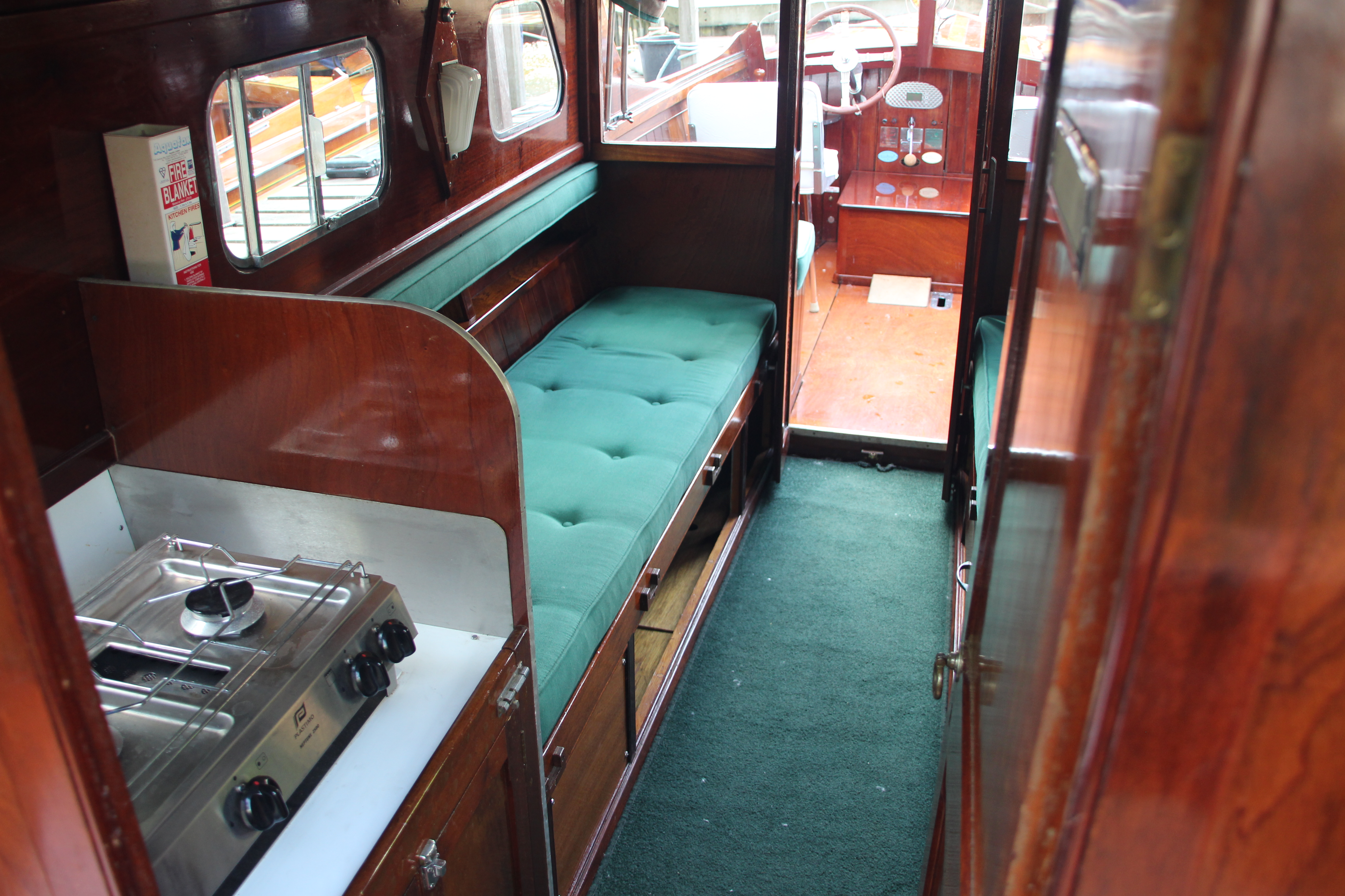 Andrews Day Launch for sale, galley area and cabin