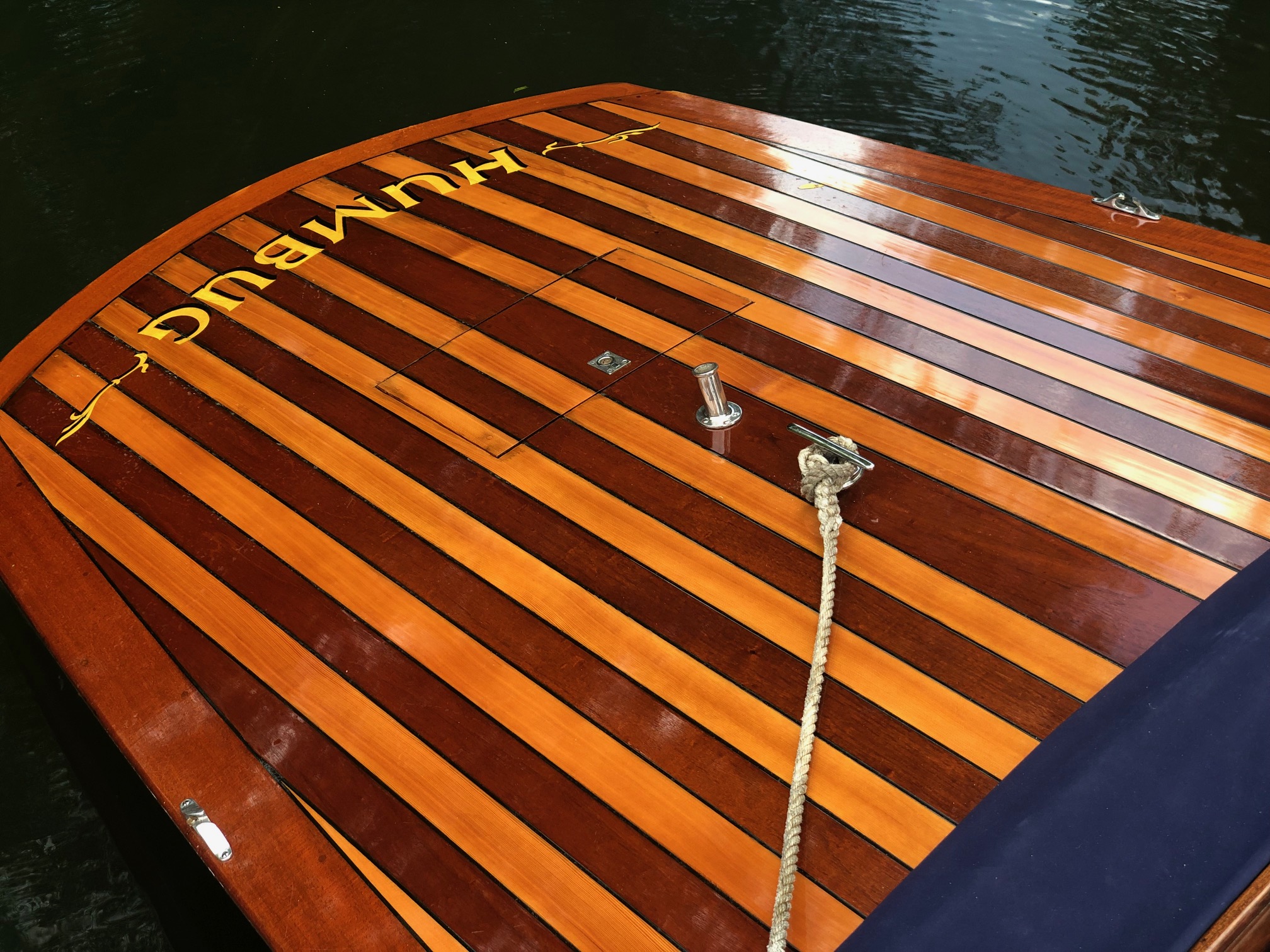 Andrews slipper launch for sale, aft deck with 'strawberry & cream' decking