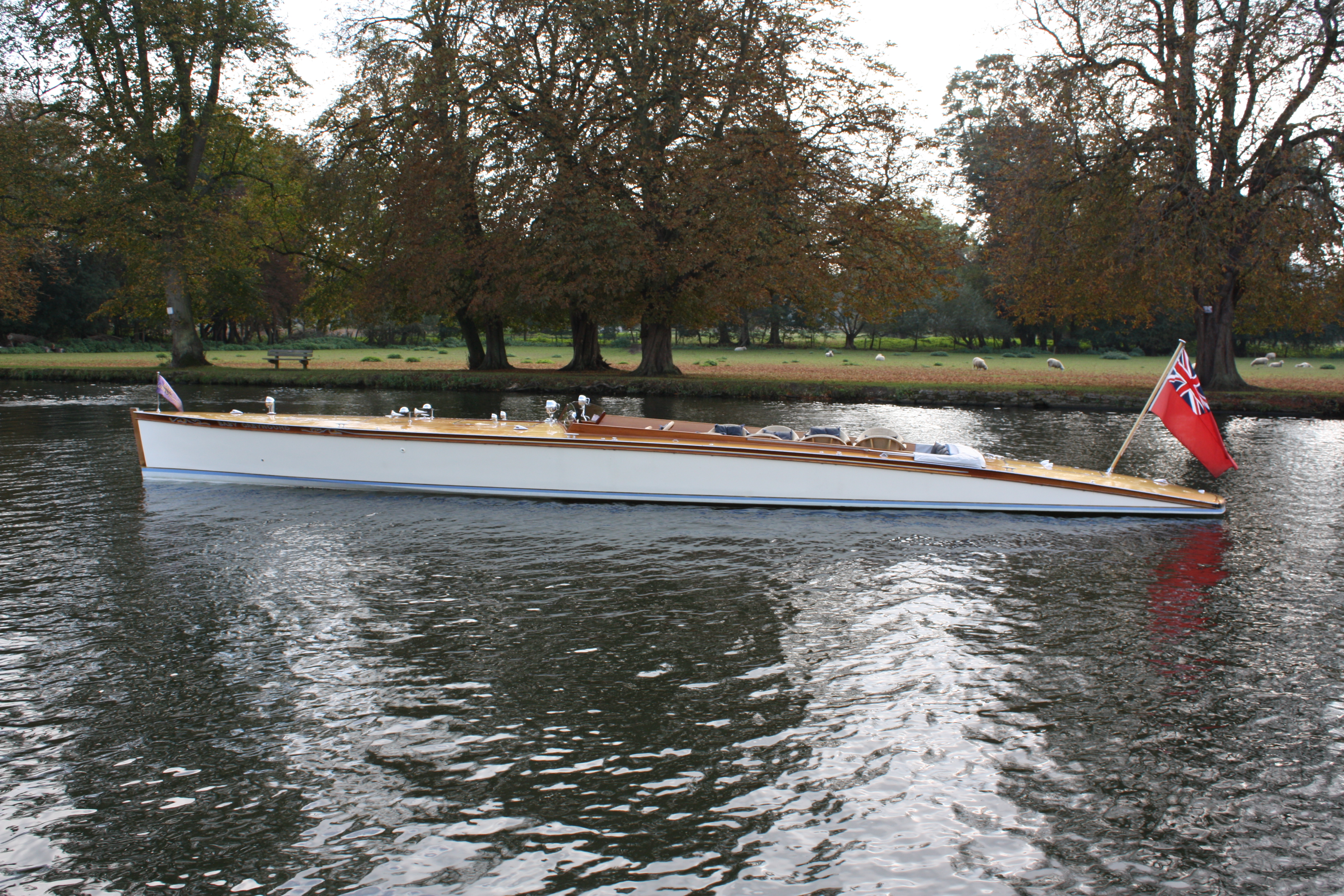 Slipper launch for sale, side profile on river Thames