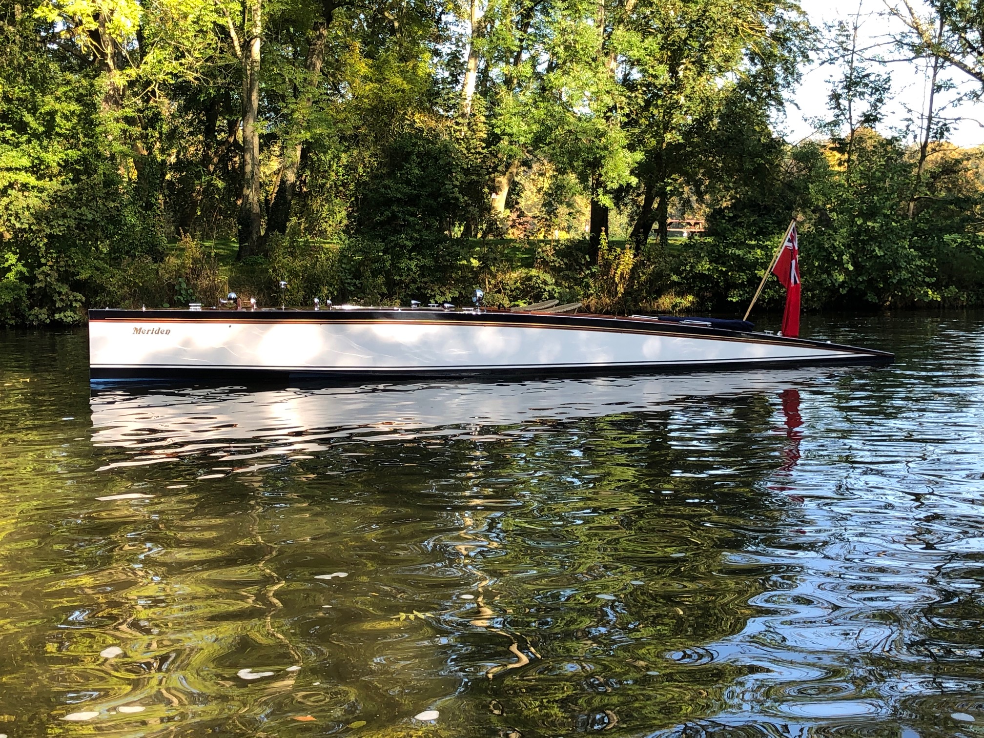 Classic wooden boat for sale, 36ft Meakes slipper launch side profile river Thames