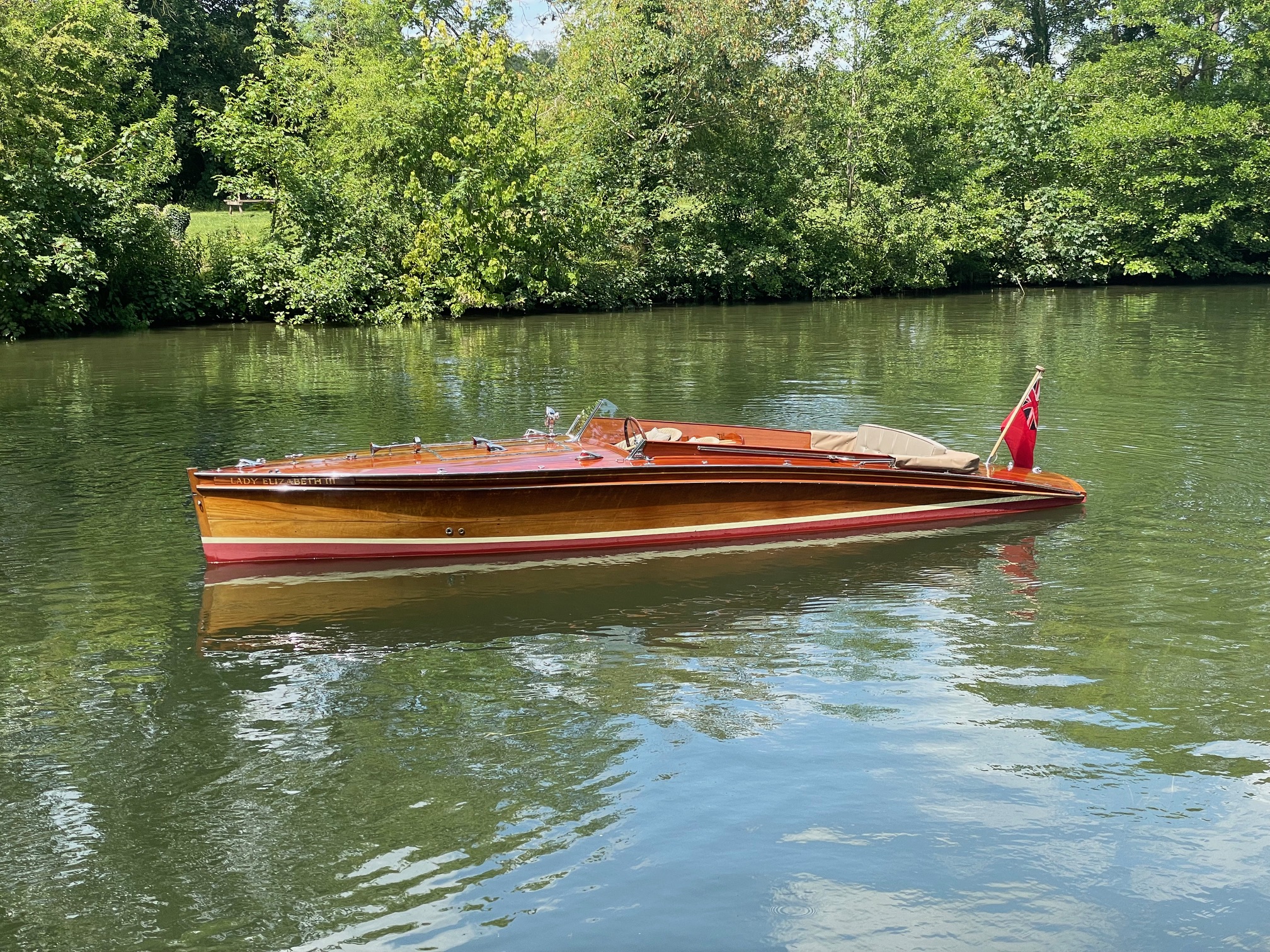 Classic wooden boats for sale, 22ft 6in slipper launch afloat on River Thames at Hurley