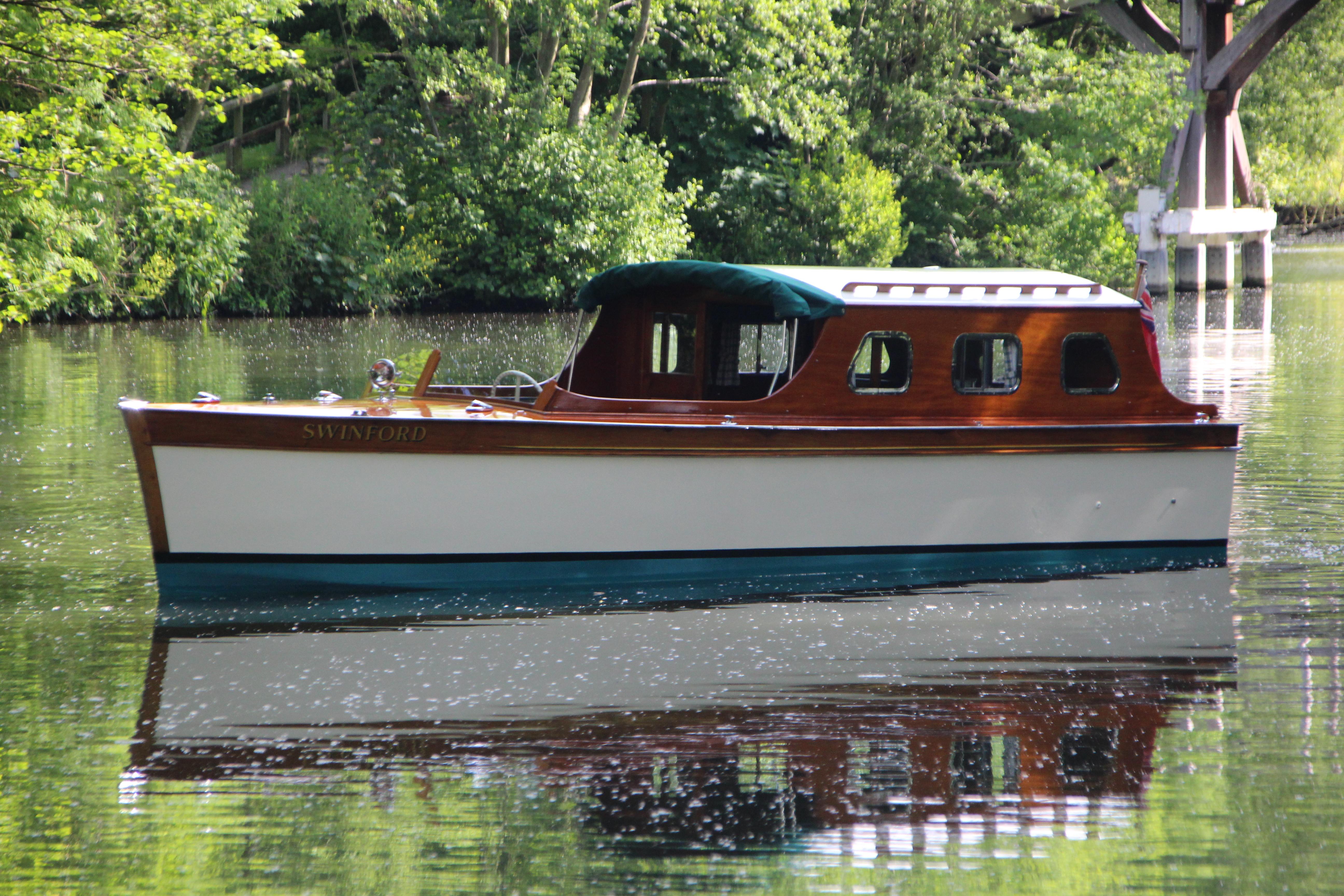 Andrews cabin boat for sale, port side profile afloat on river Thames 