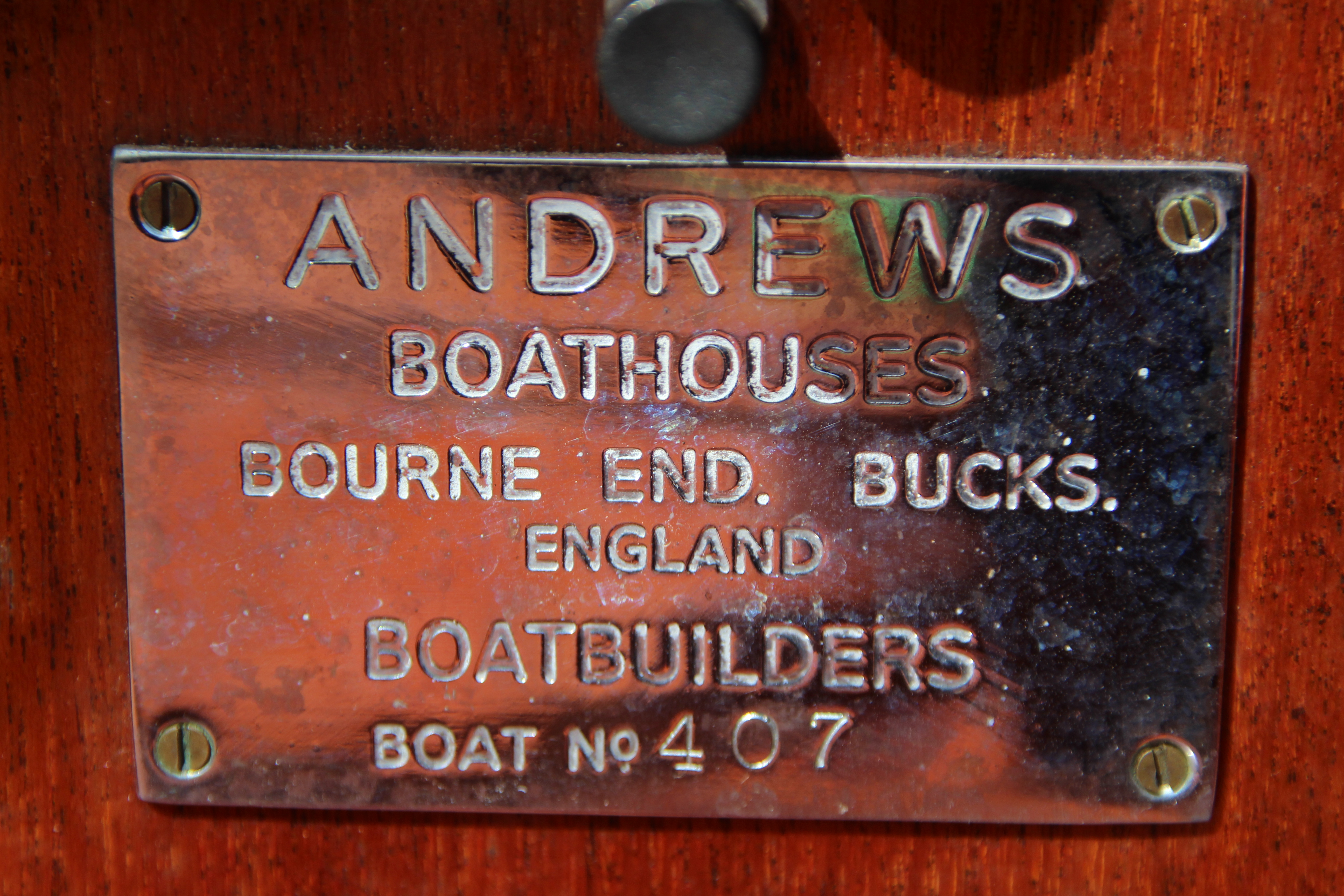 Andrews cabin boat for sale, detail showing builders plate Andrews of Bourne End 1957