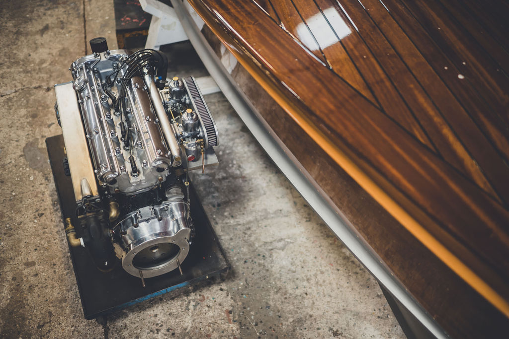 Slipper launch, Freebody Spirit slipper Launch with Jaguar Straight Six engine in workshop