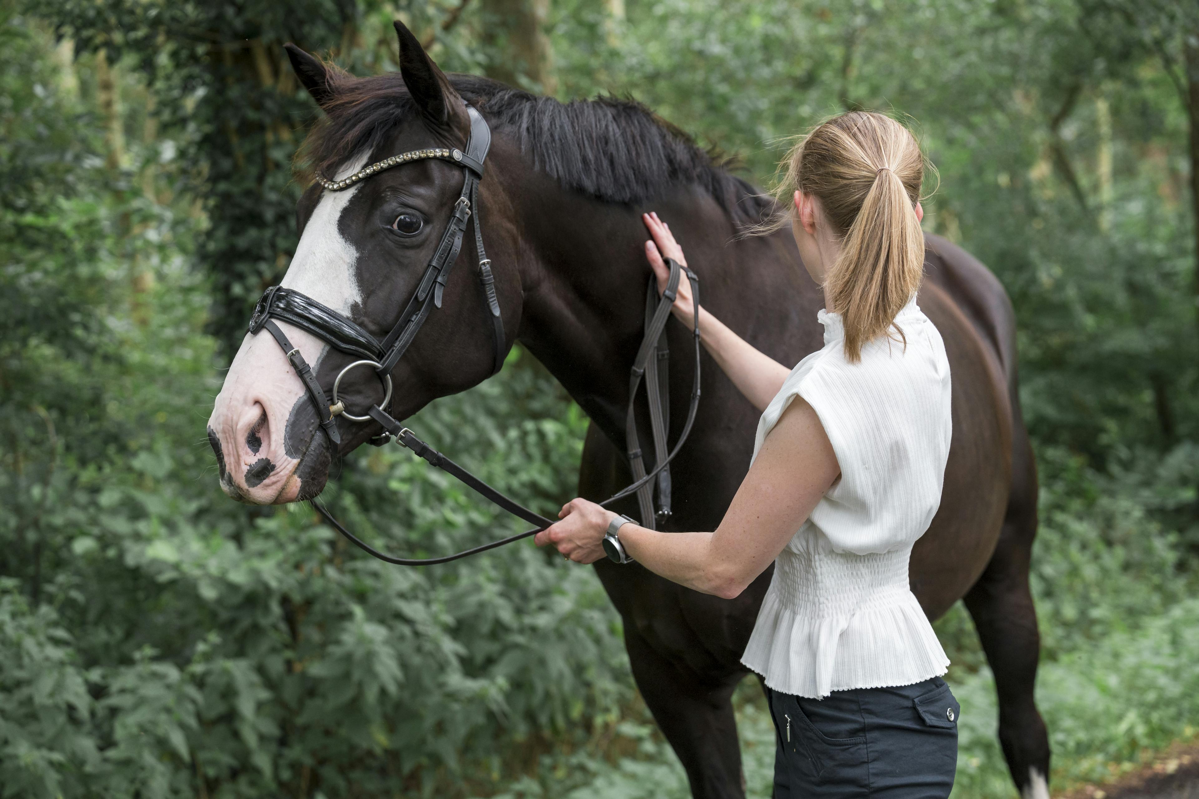 Katharina Böhme, gently petting a horse, showcasing a deep bond with animals.