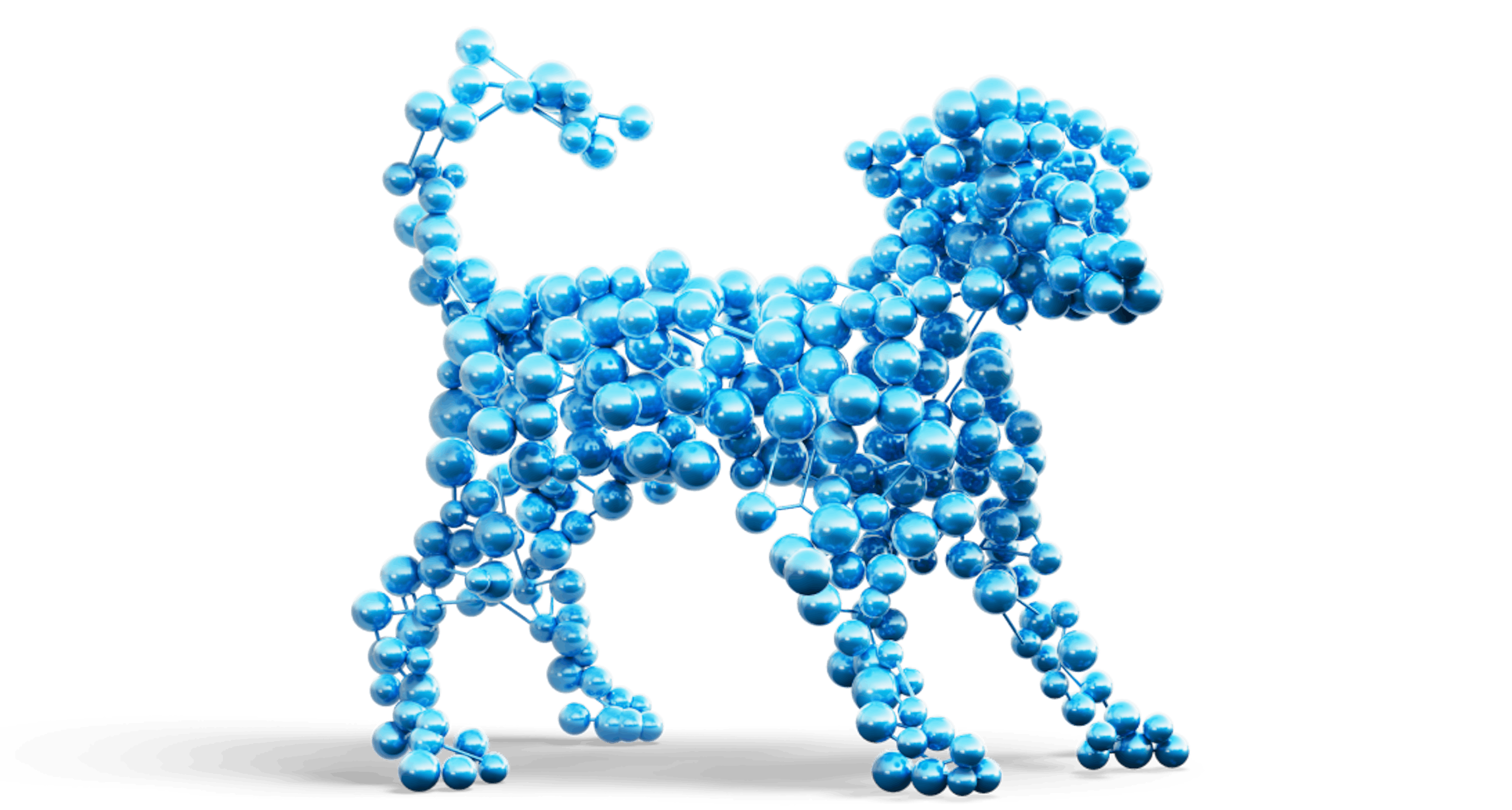 Stylized dog made of spheres, representing affordable biologics for canine health.