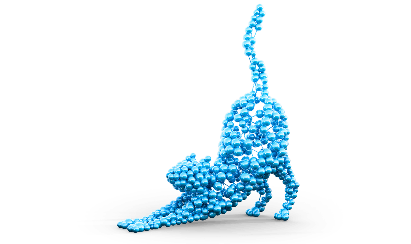 Stylized car mad of spheres, symbolizing therapeutic solutions for feline wellness.