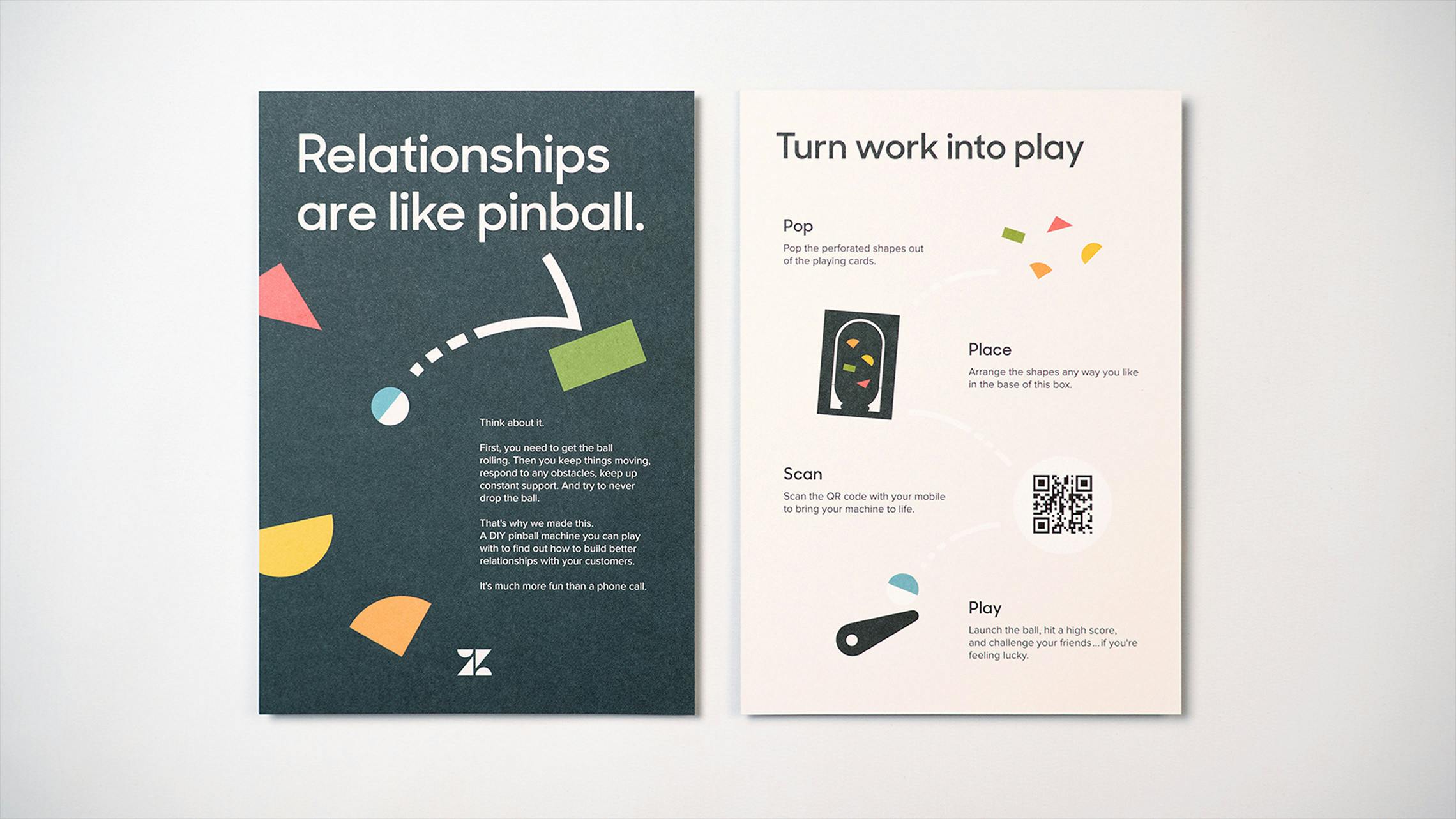 A side-by-side view of two Zendesk marketing cards. The left card compares customer relationships to pinball. The right card provides a four-step guide to a DIY pinball activity: 'Pop' out perforated shapes, 'Place' them in the box, 'Scan' a QR code to bring it to life, and 'Play' by launching the ball.