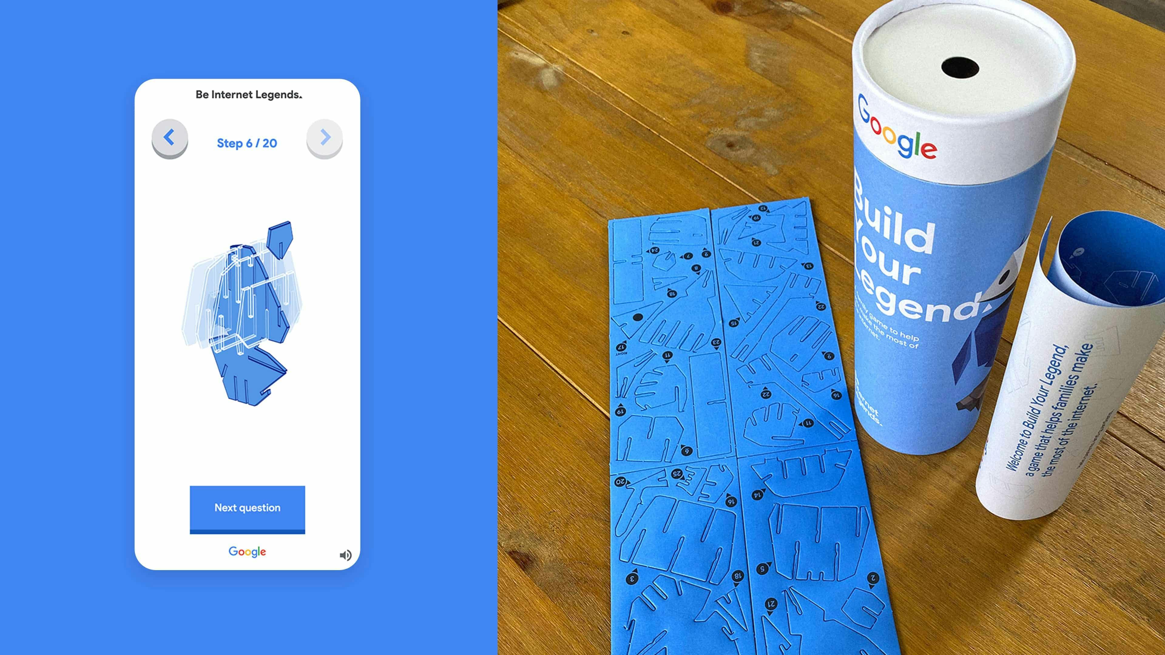 A side-by-side comparison of a digital and physical product. On the left, a mobile app screen for 'Be Internet Legends' shows animated 3D assembly instructions (Step 6/20). On the right, the physical kit is laid out on a wooden table, including the blue cardboard punch-out sheets for the model and the cylindrical packaging.