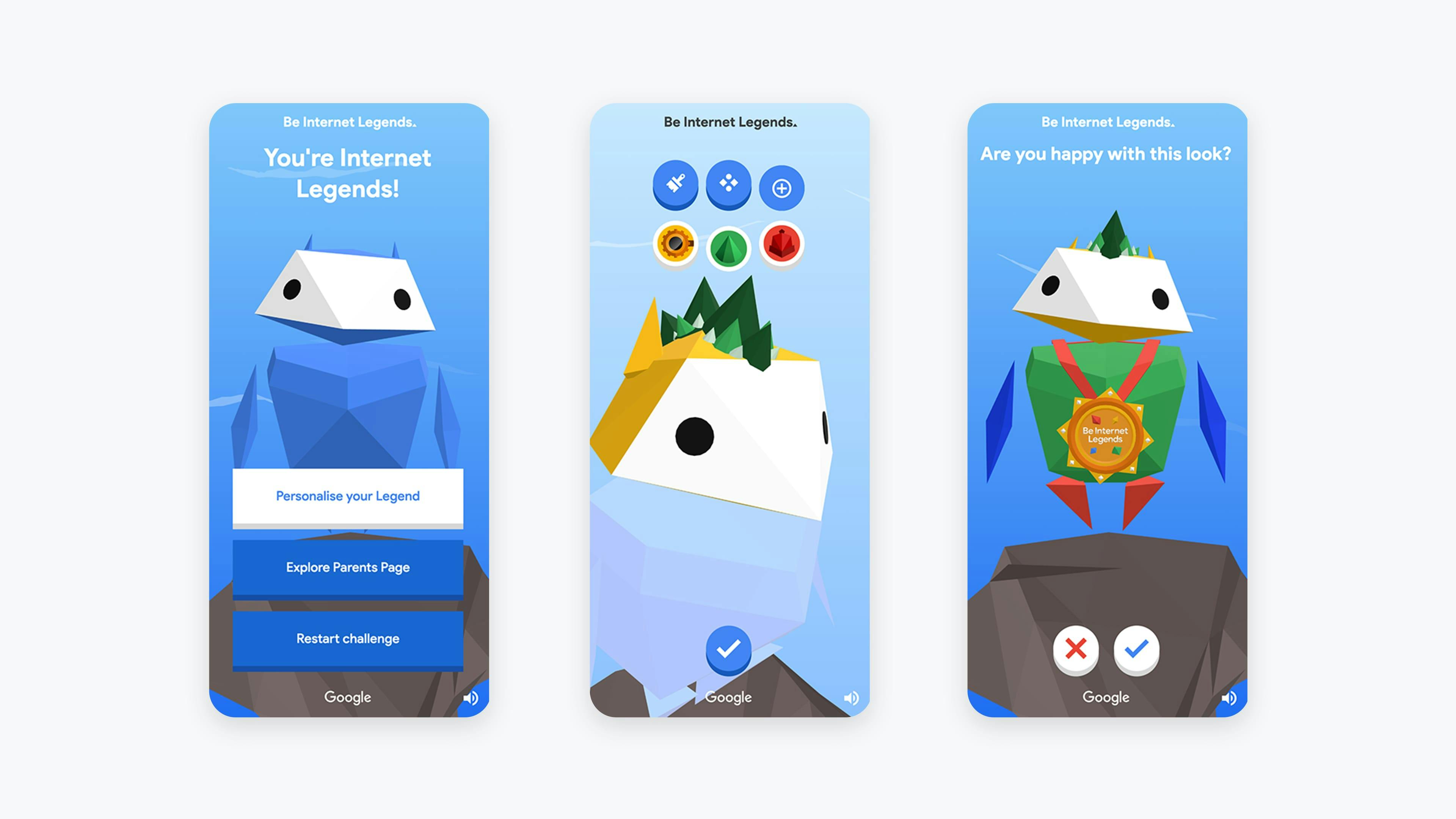 A set of three mobile app mockups for 'Be Internet Legends.' The first screen welcomes the user and offers to 'Personalise your Legend.' The second screen shows the character customization interface with various color and accessory options. The third screen displays the final customized character, wearing a medal, and asks for confirmation.