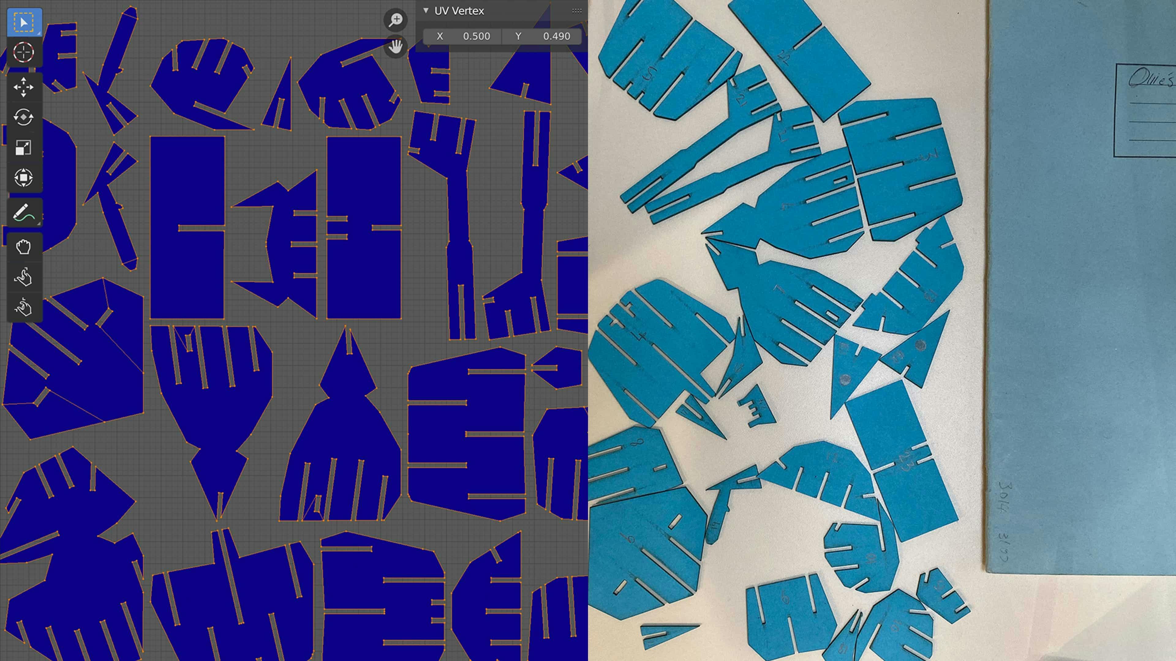 A split-screen image showing the design and prototyping process. On the left is a screenshot from a 3D modeling program (like Blender) showing the UV map of a character model, with blue pieces arranged on a grid. On the right, physical, laser-cut teal-colored pieces corresponding to the digital layout are scattered next to a blue notebook.