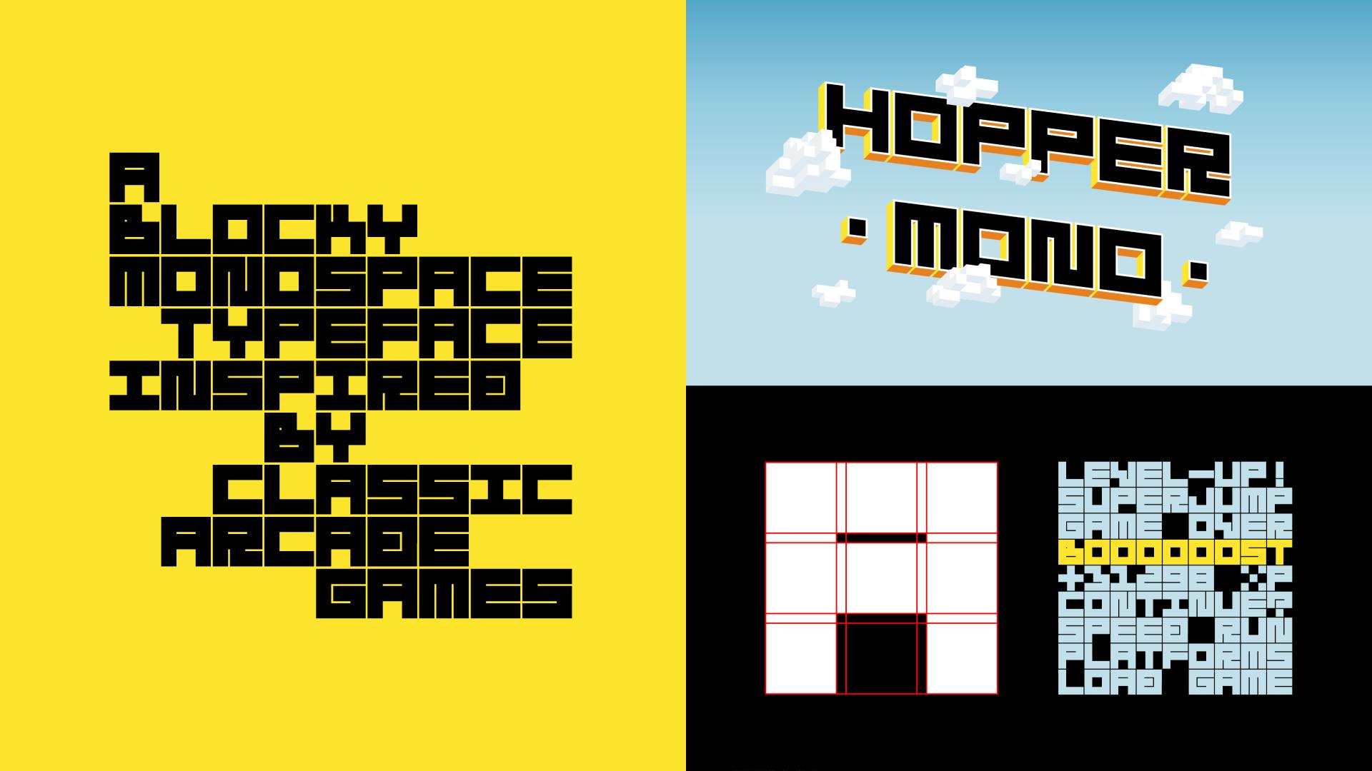 A three-panel image showcasing the 'Hopper Mono' typeface. The left panel, on a yellow background, reads 'A blocky monospace typeface inspired by classic arcade games.' The top right panel shows the font name 'Hopper Mono' in 3D against a blue sky with pixelated clouds. The bottom right panel shows the font's grid construction and a word cloud of gaming terms like 'LEVEL-UP!' and 'GAME OVER'.