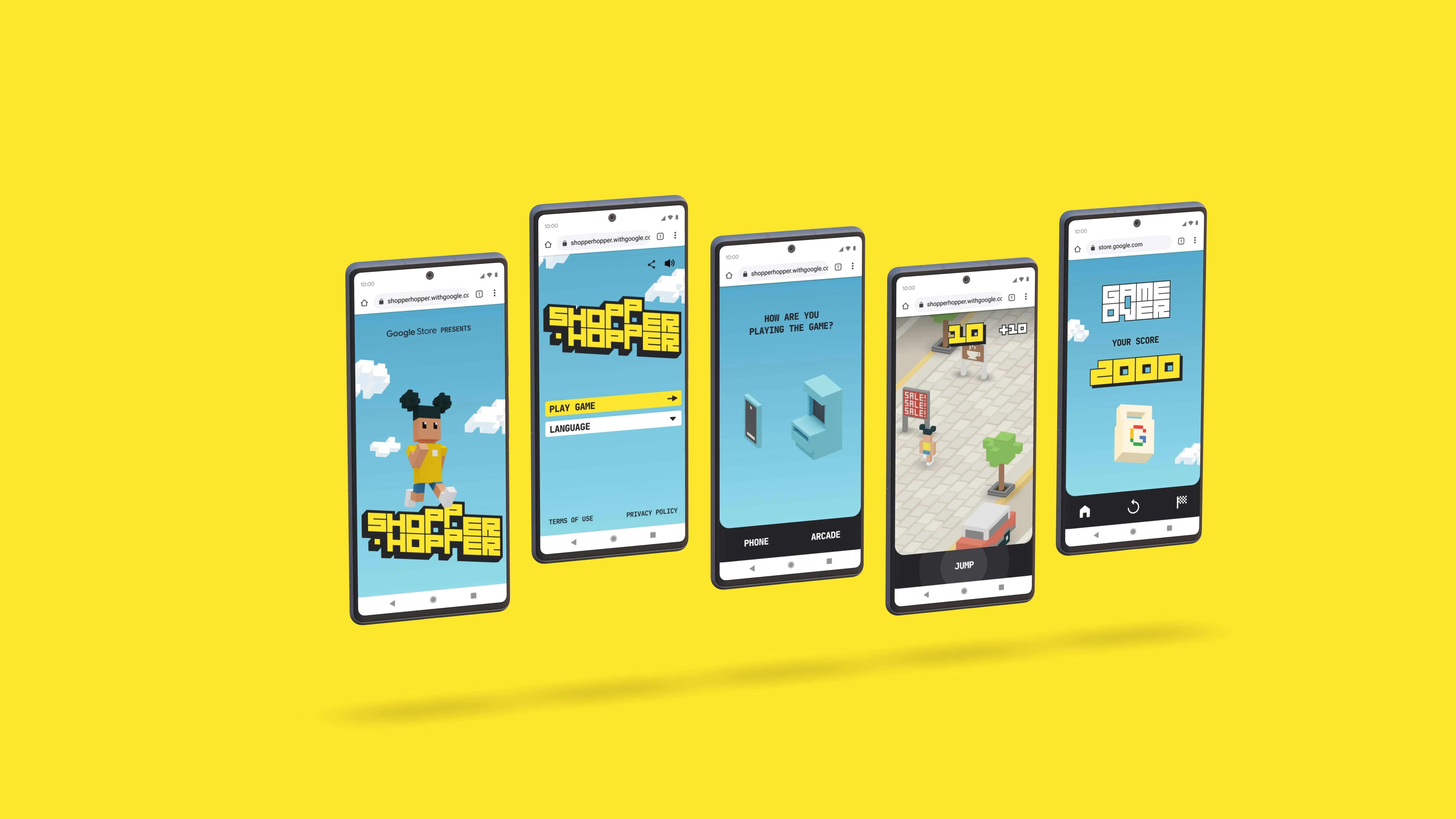 An array of five smartphones displaying the user interface and gameplay of the 'Shopper Hopper' game. The screens, from left to right, show the title screen with a voxel character, the main menu, a device selection screen (Phone vs. Arcade), in-game action of the character hopping on a sidewalk, and the 'Game Over' screen with the final score.