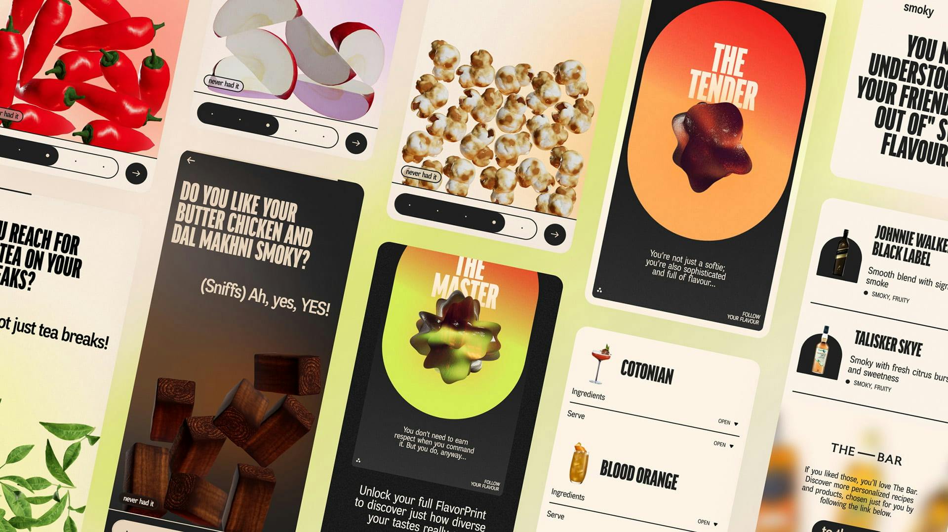 A collage from a digital campaign encouraging users to explore personal flavor profiles. The visuals include various food graphics such as red chilies, sliced apples, wood chunks, popcorn, and stylised icons titled ‘THE MASTER’ and ‘THE TENDER.’ Text includes questions like ‘Do you like your butter chicken and dal makhni smoky?’ and drink suggestions like Johnnie Walker Black Label and Talisker Skye, noted as smoky and fruity. The design features bright gradients and an app-like interface.