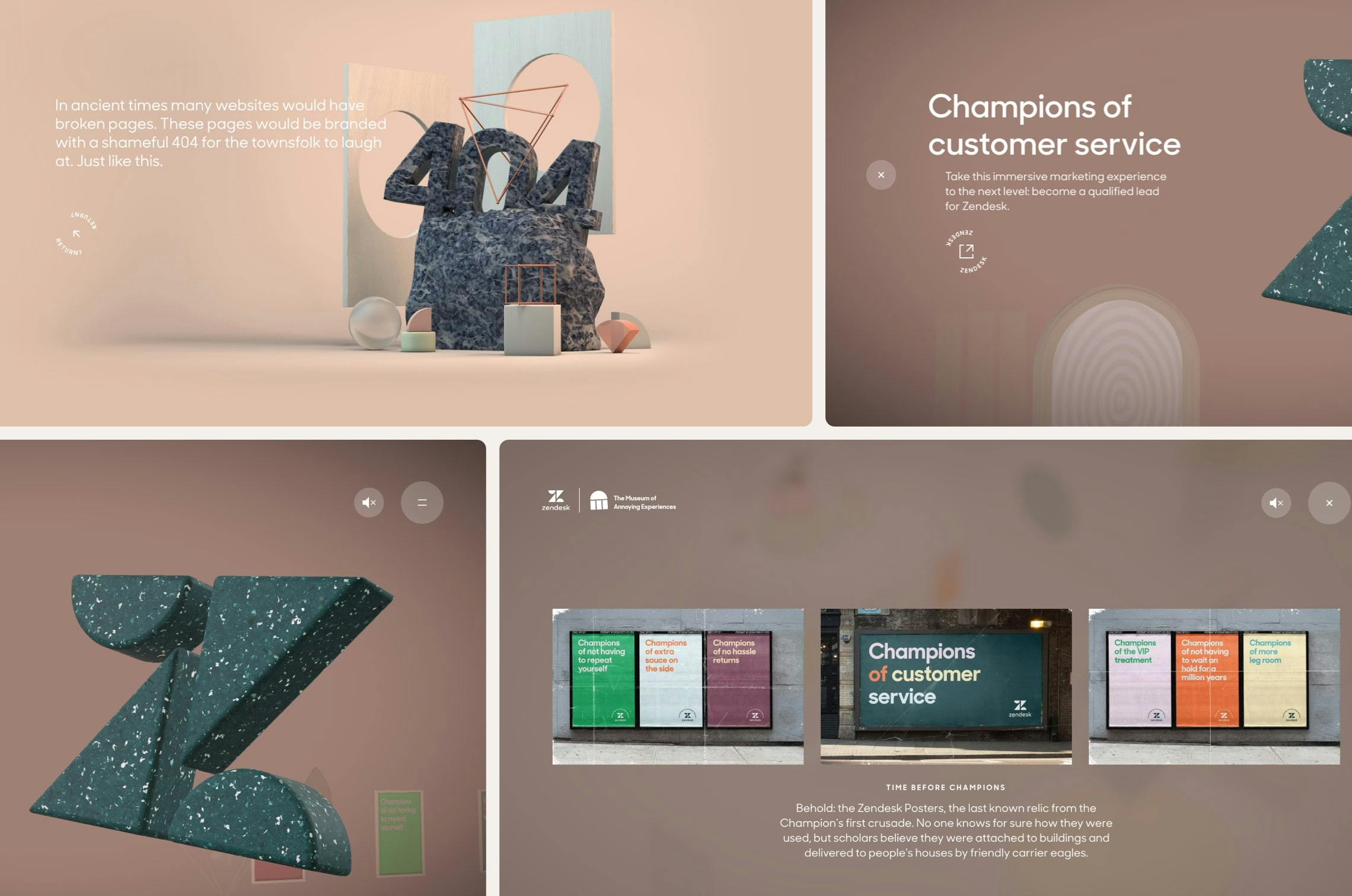A four-panel image highlighting Zendesk's 'Museum of Annoying Experiences.' Top left: A stylized 3D scene with '404' made of rock, referencing old broken web pages. Top right: Text 'Champions of customer service' with a call to action for Zendesk leads. Bottom left: A large, textured 3D letter 'Z' (Zendesk logo). Bottom right: Mockups of Zendesk 'Champions' posters displayed on a wall, with text about the fictional history of these posters.
