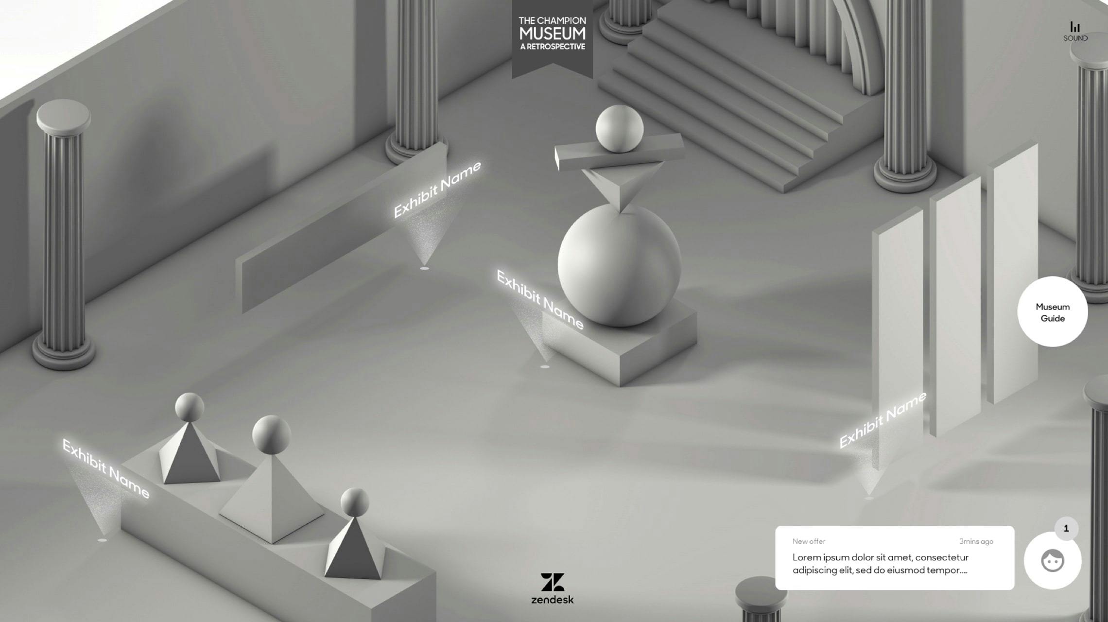 A monochromatic, isometric 3D illustration of a stylized museum space titled 'The Champion Museum: A Retrospective' by Zendesk. The scene features abstract white geometric sculptures on pedestals, classical columns, and a grand staircase. Interactive elements include glowing 'Exhibit Name' labels with spotlights, a 'Museum Guide' button, and a chat notification pop-up with placeholder text.