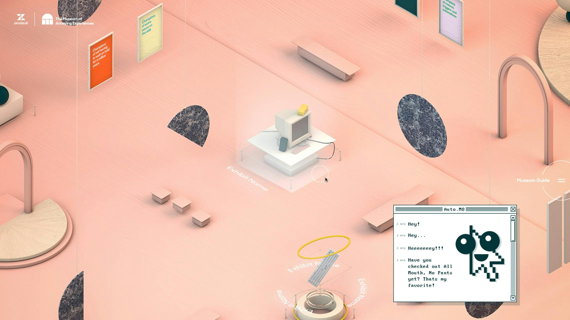 Isometric view of a stylized, pastel pink digital museum space for Zendesk's 'The Museum of Annoying Experiences.' Exhibits include an old computer monitor and an abstract sculpture with a yellow ring. A retro-style chat window for 'Auto.M8' is open, showing a conversation and a pixelated cursor-like character. Posters with humorous 'annoying experience' titles are on the wall.
