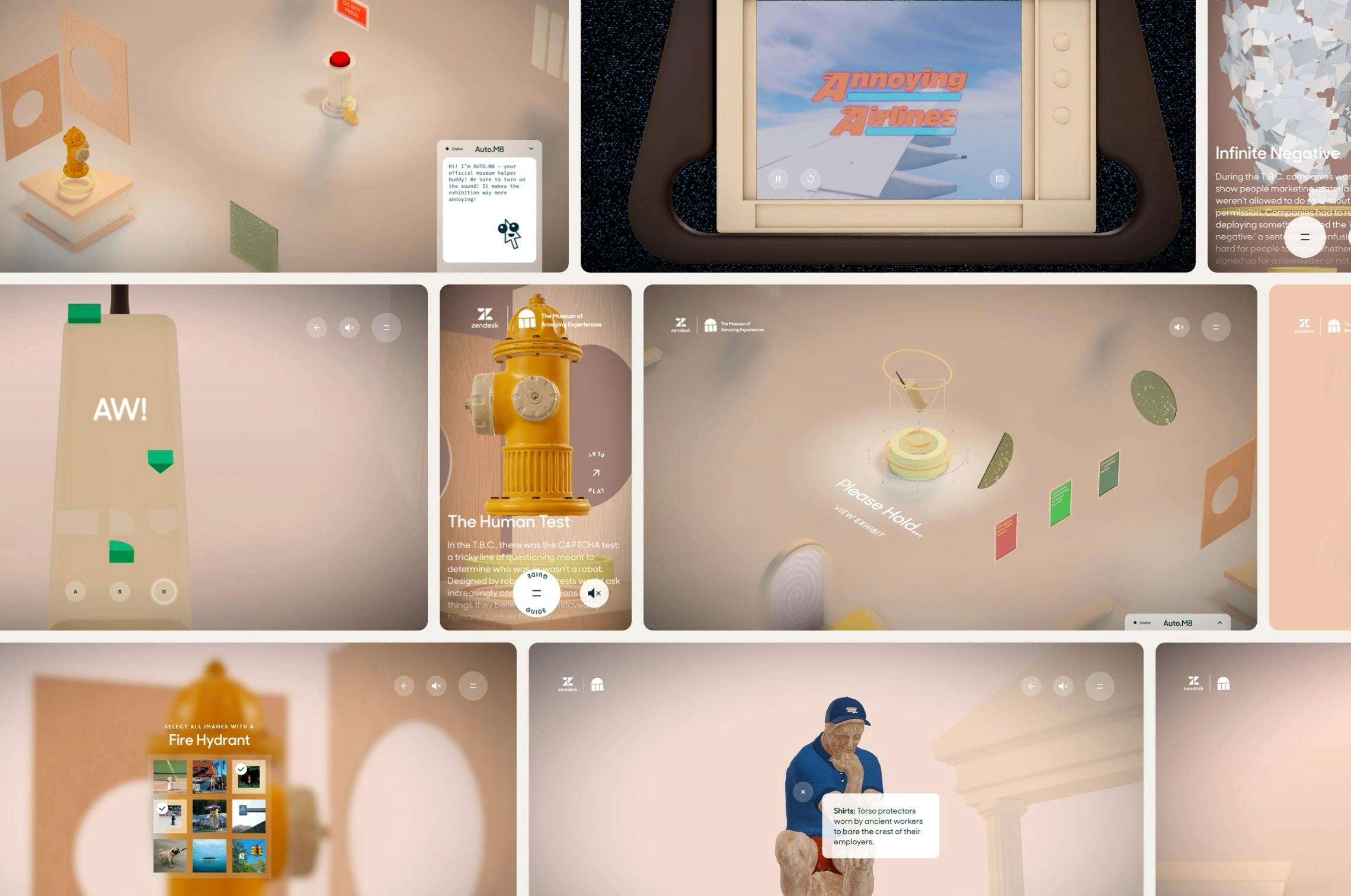 A collage of eight different visual elements from Zendesk's 'Museum of Annoying Experiences.' Scenes include a 3D museum space with exhibits and a chatbot, an 'Annoying Airlines' interface on a retro device, a 'Human Test' CAPTCHA featuring a fire hydrant, an abstract interactive game, and a sculpture of 'The Thinker' with a humorous caption.