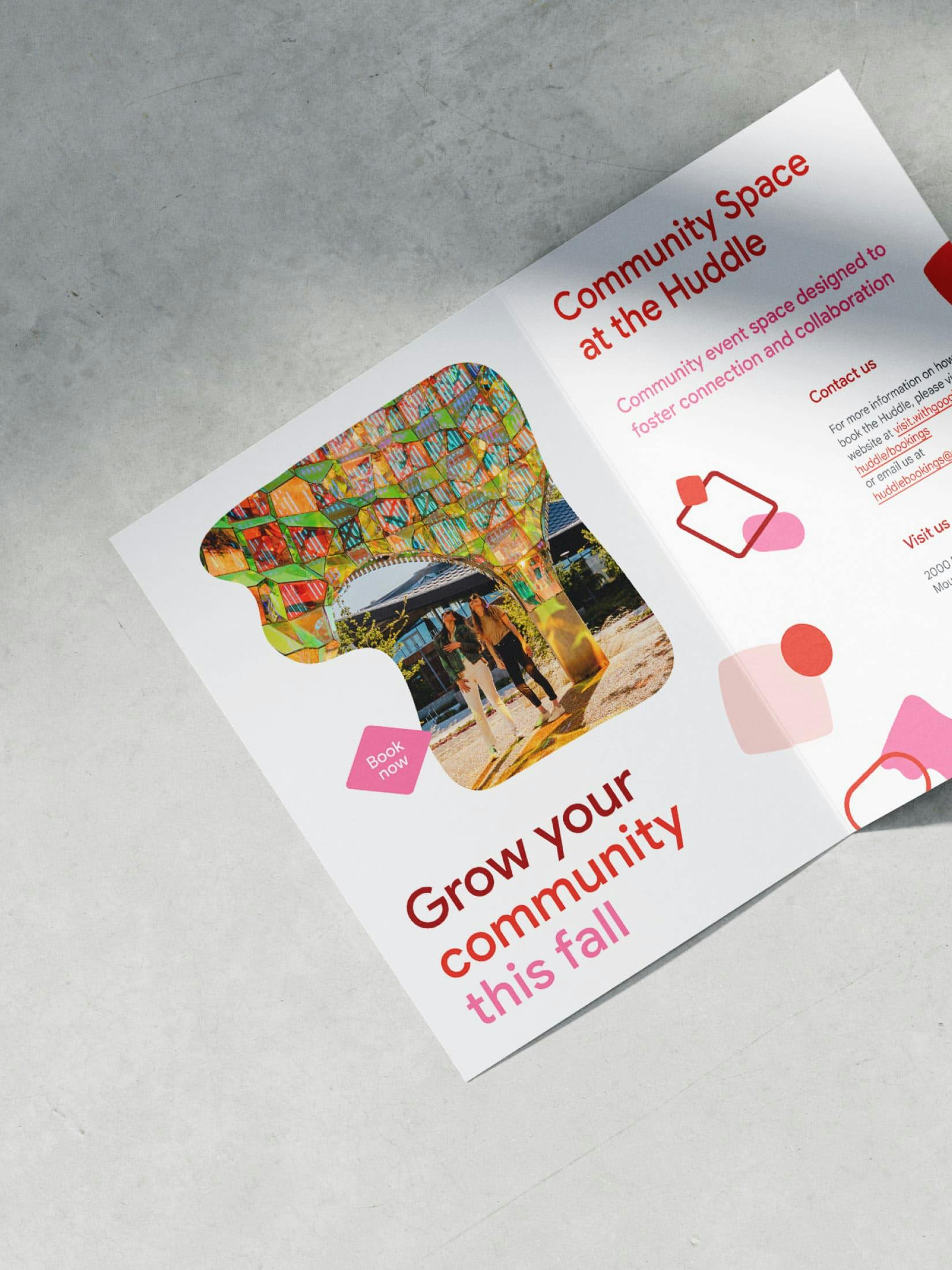 Open brochure promoting community events at “The Huddle” with vibrant architectural imagery and the headline “Grow your community this fall” in bold red and pink typography.