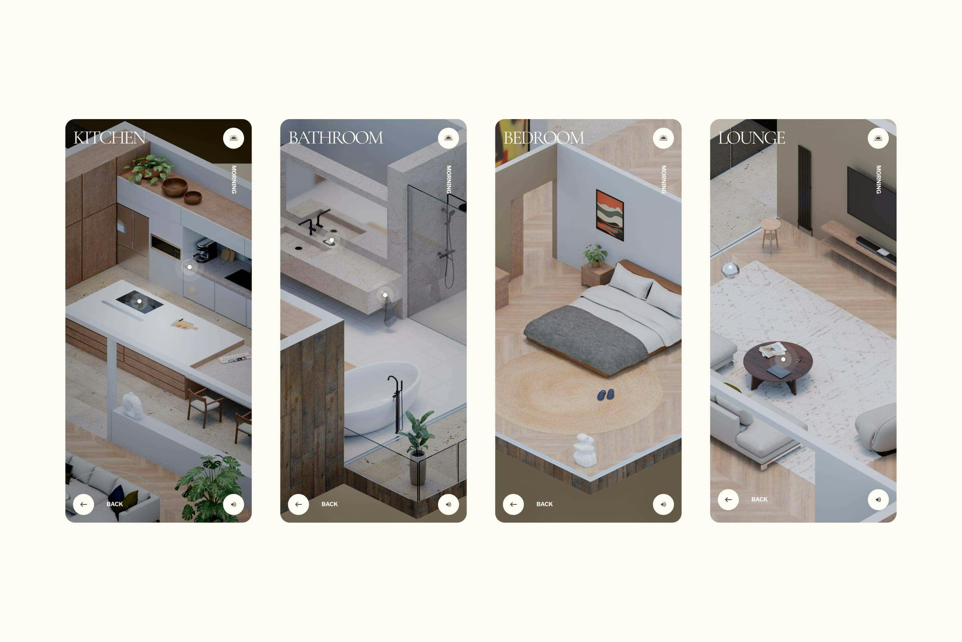 Composite image showing four side-by-side mobile app interface mockups. Each mockup is labeled with a room name ('KITCHEN,' 'BATHROOM,' 'BEDROOM,' 'LOUNGE'), shows a 3D rendered interior view of that room with interactive white circular hotspots, and indicates 'MORNING' lighting. Common UI elements include 'BACK' and sound control buttons.
