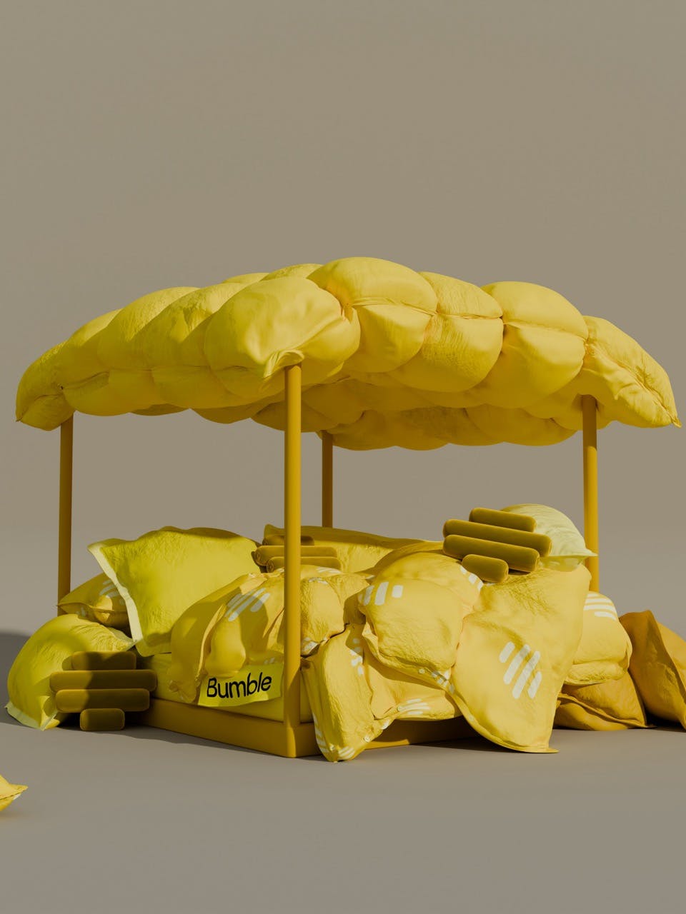 A stylized 3D rendering of a canopy bed, predominantly bright yellow. It features a plush, cloud-like yellow canopy, a yellow frame, and is piled high with soft yellow pillows and a rumpled comforter. The 'Bumble' logo is on a yellow tag on the bed frame. The background is a solid, neutral beige.