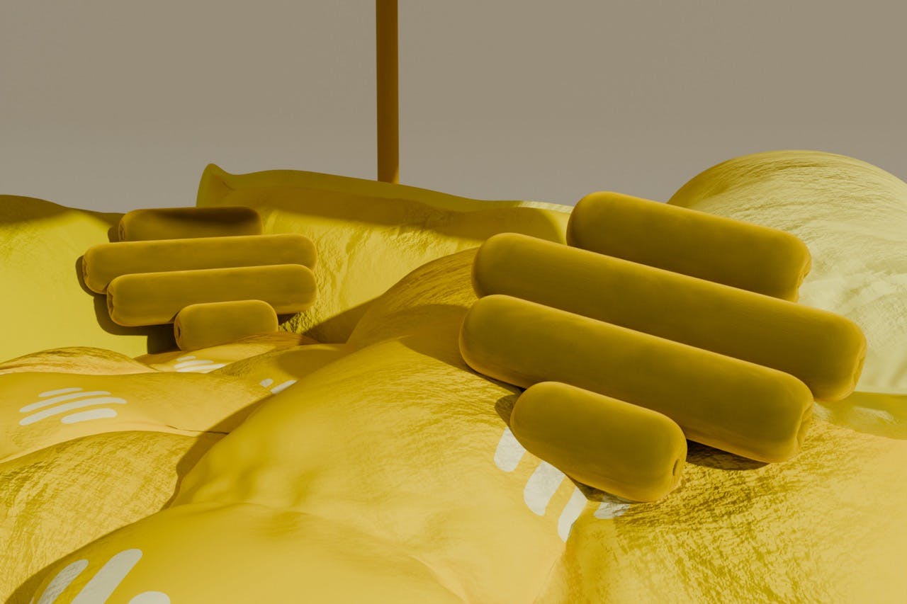 A stylized 3D rendering featuring a soft, undulating landscape in various shades of yellow. Several matte yellow, elongated pill-shaped objects are arranged in clusters on the landscape. Some areas of the landscape have white striped or dashed line details. A vertical yellow pole is visible in the background