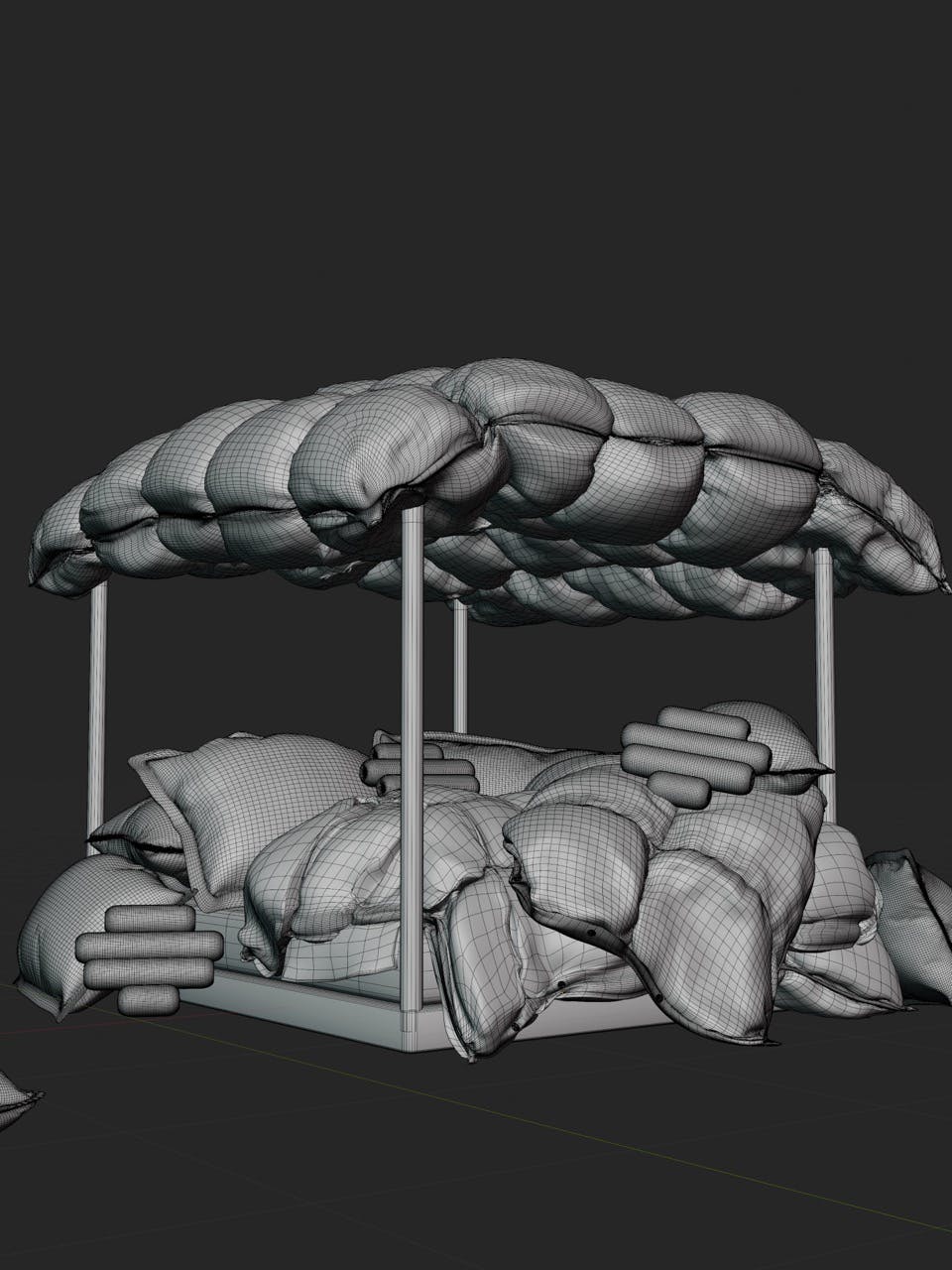 A 3D wireframe model of a stylized canopy bed, rendered in greyscale against a dark grey background. The mesh structure of the puffy canopy, pillows, comforter, bed frame, and posts is clearly visible, highlighting the underlying geometry of the 3D model.