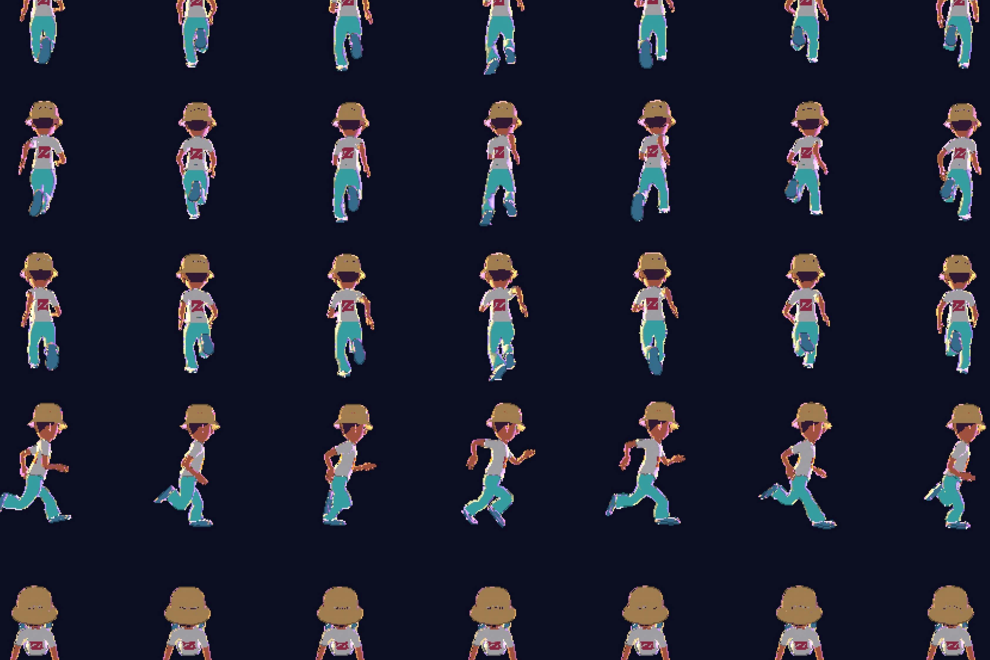 A sprite sheet displaying various animation frames for a pixel art game character. The character wears a beige hat, a white t-shirt with a red 'Z' logo, and teal pants. Rows show the character running, viewed from behind, at a three-quarter angle, and in profile, capturing different stages of the running cycle. The background is dark navy blue.